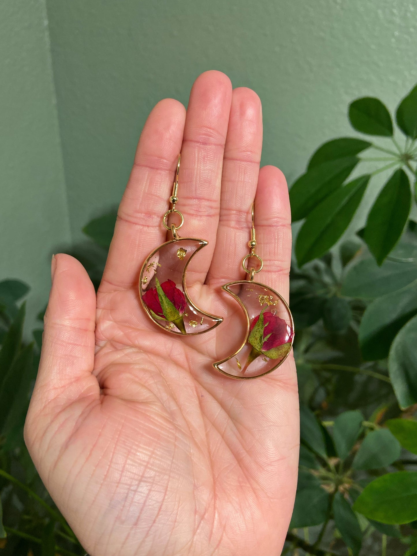 Roses - Red rosebud preserved botanical gold crescent moon earrings