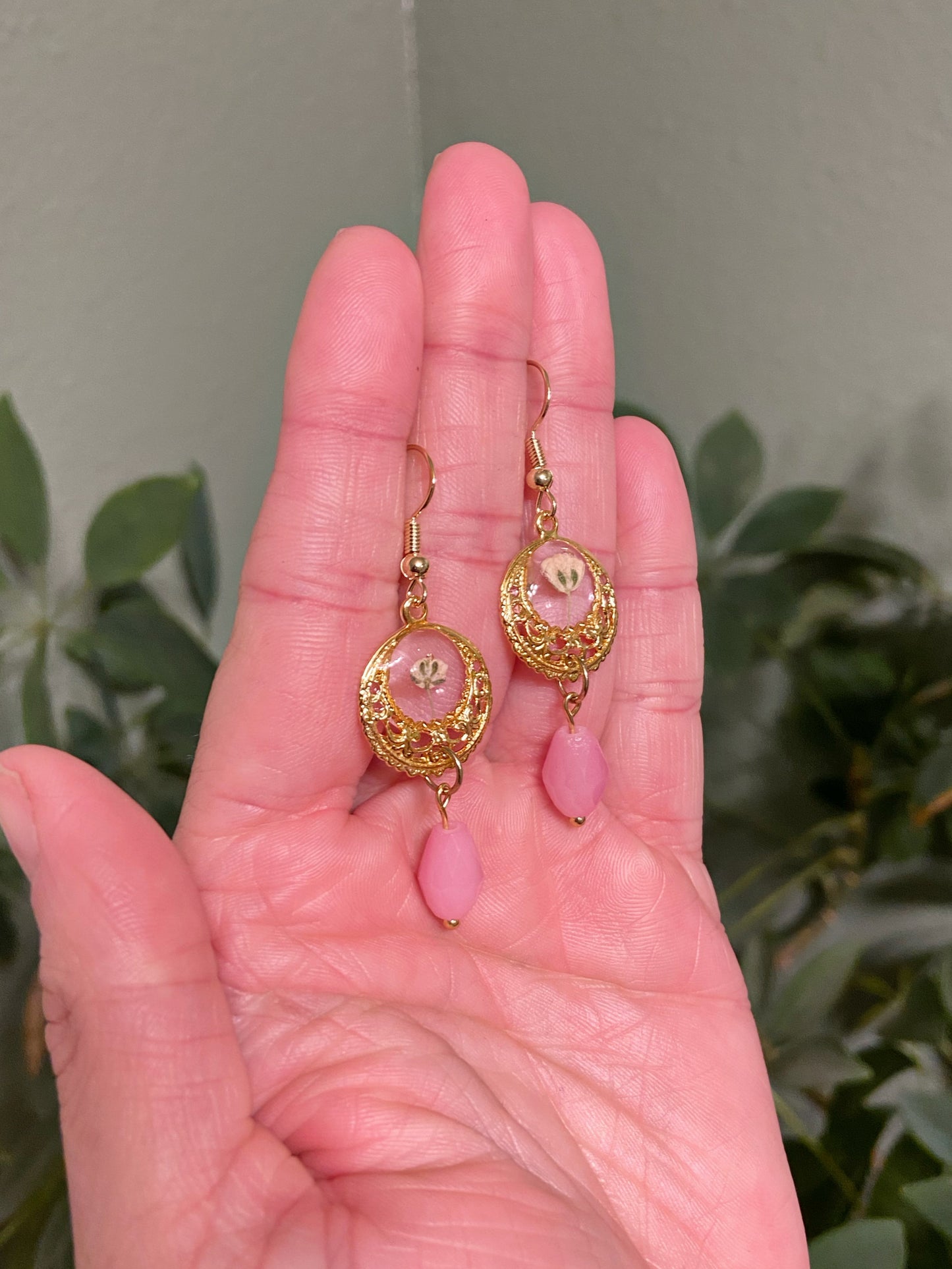 Baby's Breath - Vintage style open gold circle earrings with real pressed flowers and milky pink glass faceted bead dangle