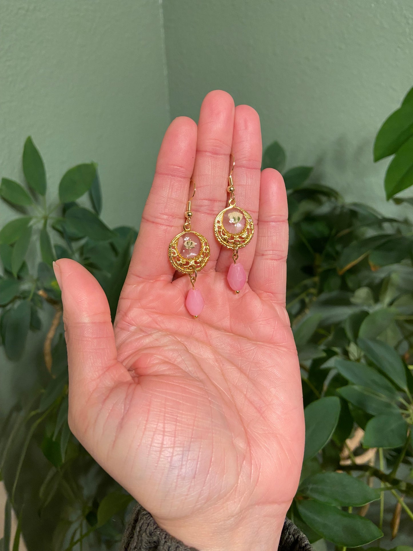 Baby's Breath - Vintage style open gold circle earrings with real pressed flowers and milky pink glass faceted bead dangle