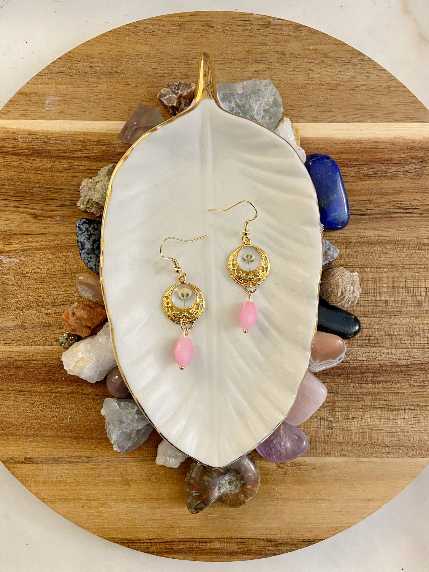 Baby's Breath - Vintage style open gold circle earrings with real pressed flowers and milky pink glass faceted bead dangle