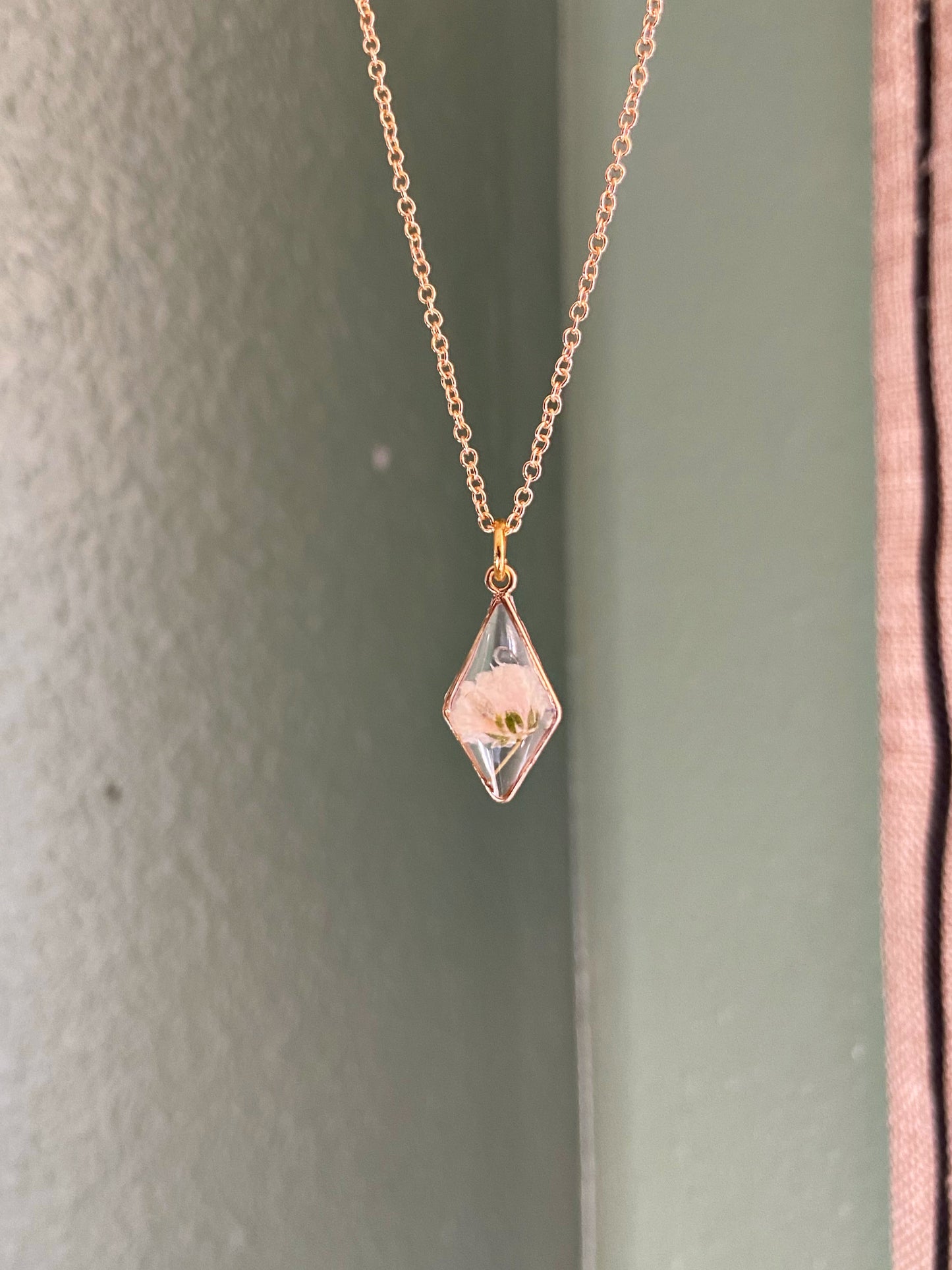 Baby's Breath - Dainty gold pendant with single white pressed flower inside, 16" gold plated chain included