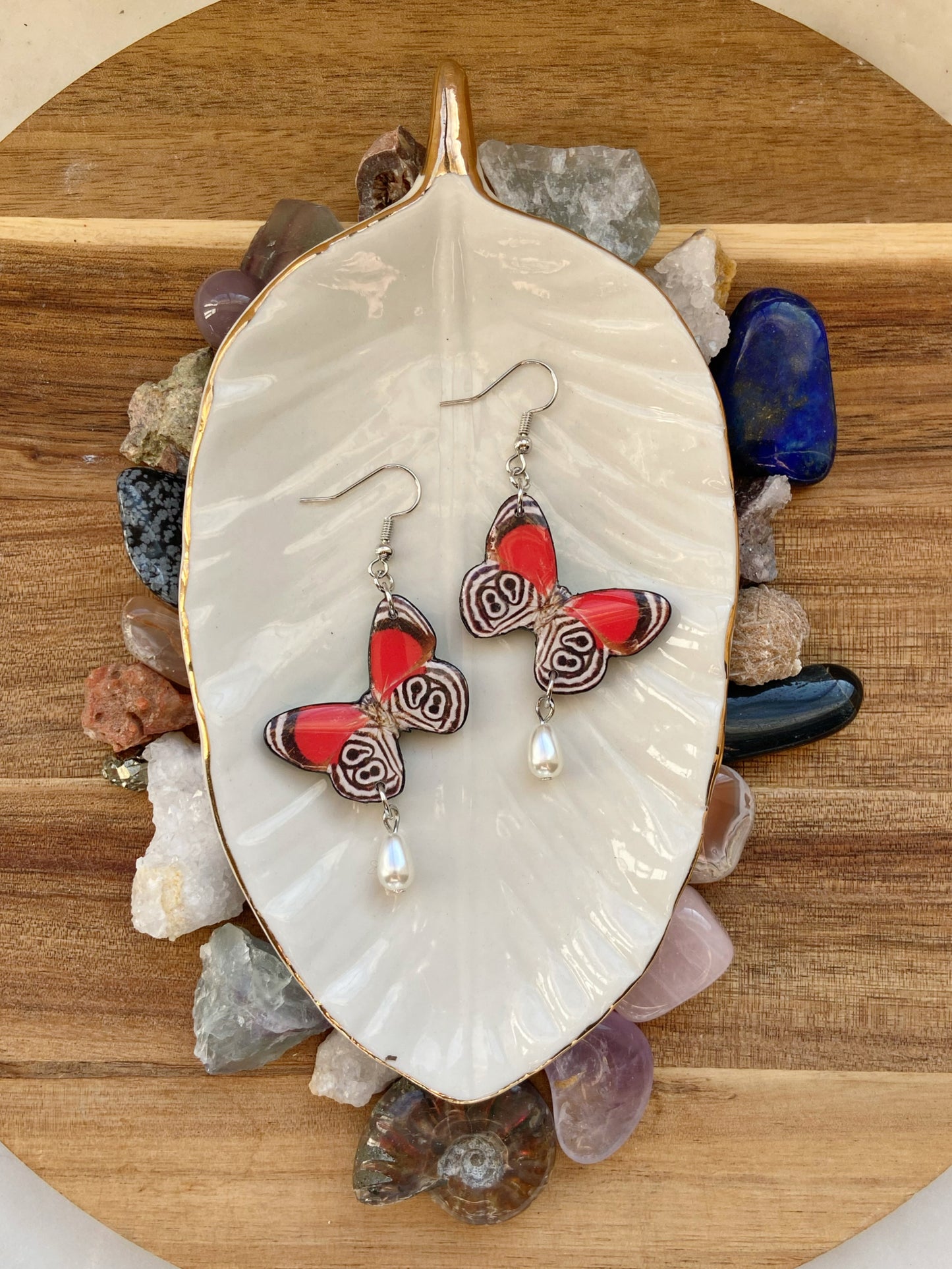 Butterfly Wings - Upcycled red, black and white paper butterflies with pearl drop dangle beads