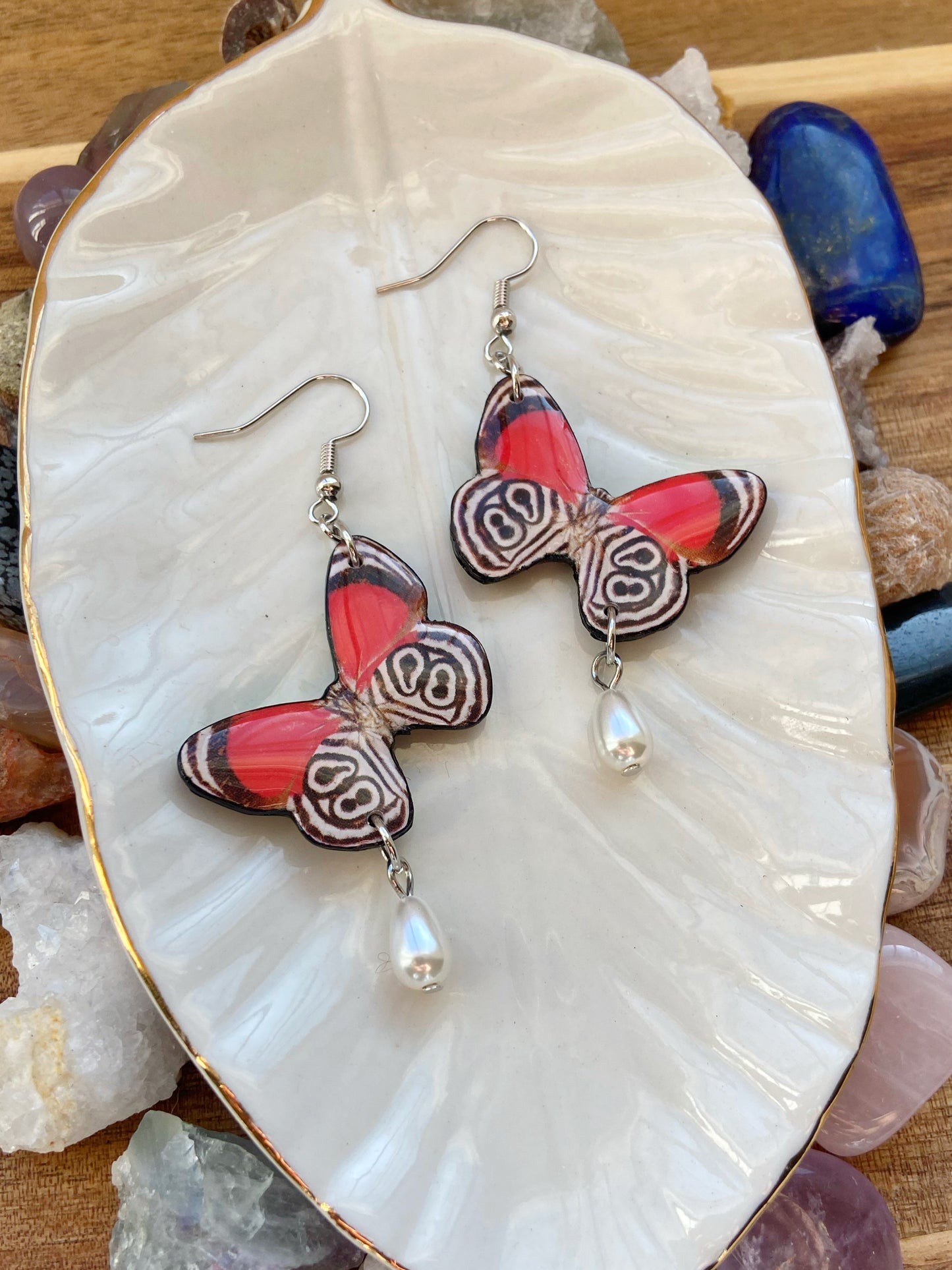 Butterfly Wings - Upcycled red, black and white paper butterflies with pearl drop dangle beads