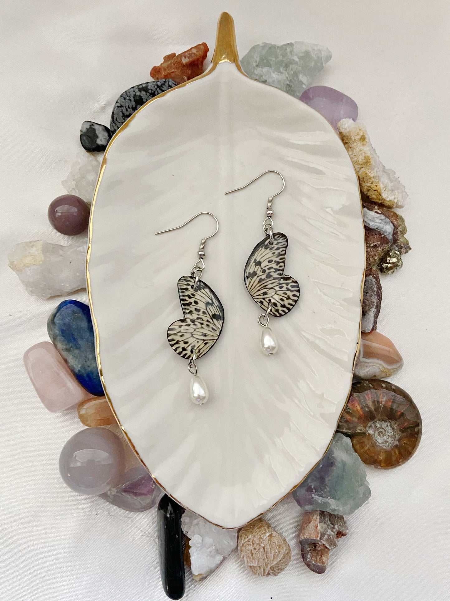 Butterfly Wings- Upcycled cream and black paper butterfly wing earrings with faux pearl teardrop dangle