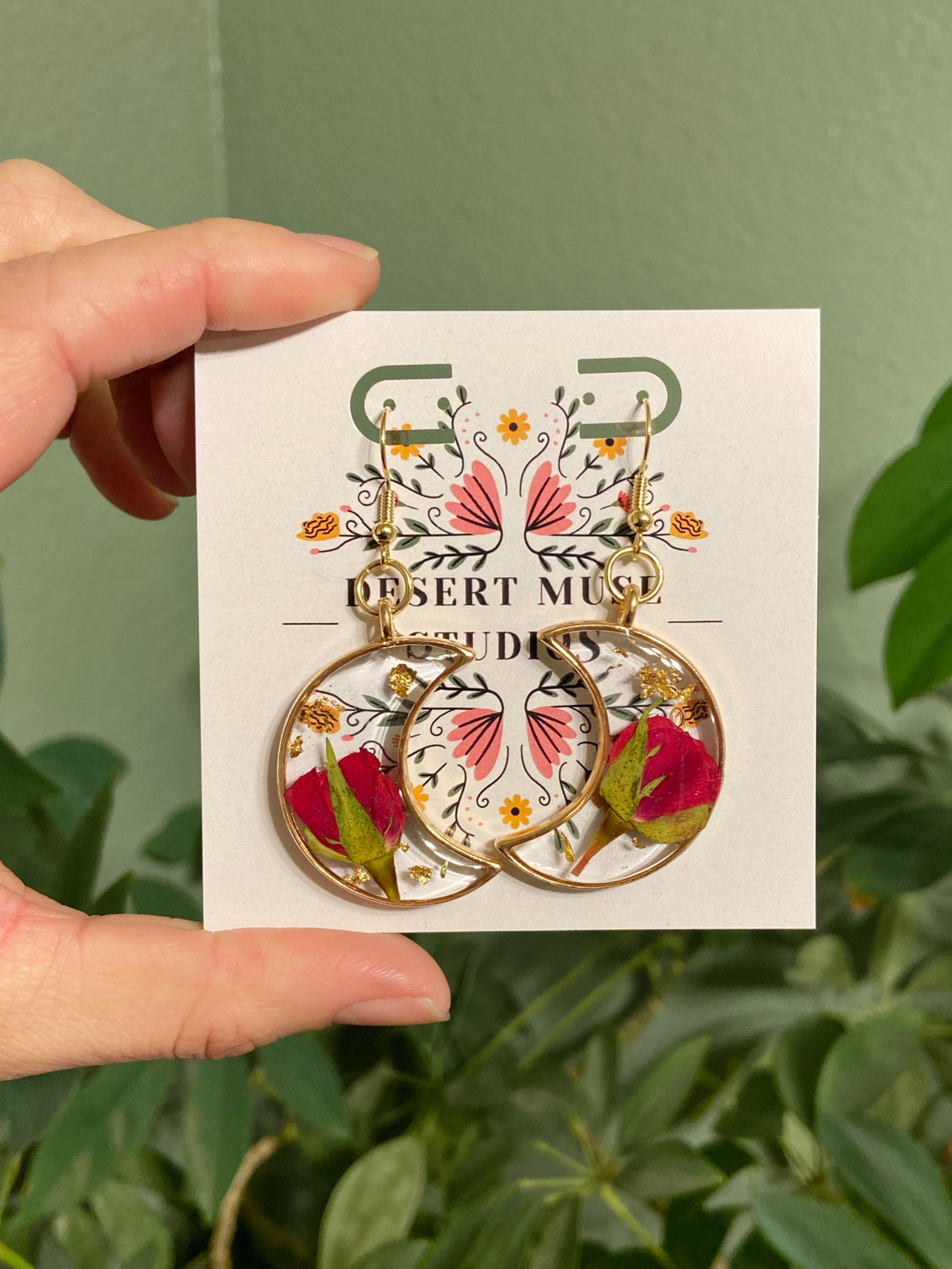 Roses - Red rosebud preserved botanical gold crescent moon earrings