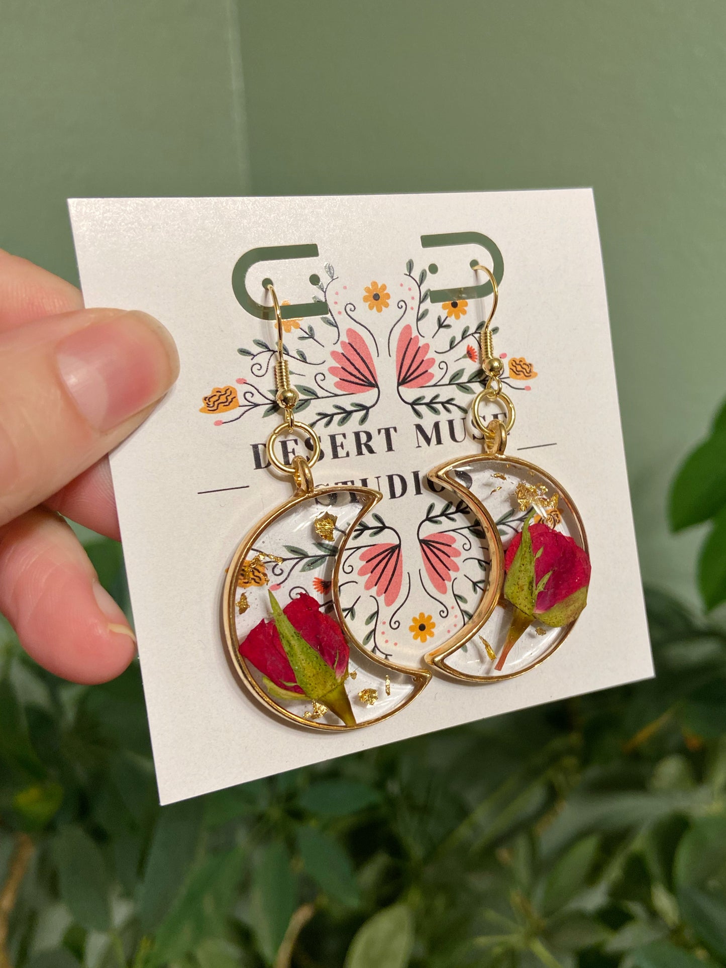 Roses - Red rosebud preserved botanical gold crescent moon earrings