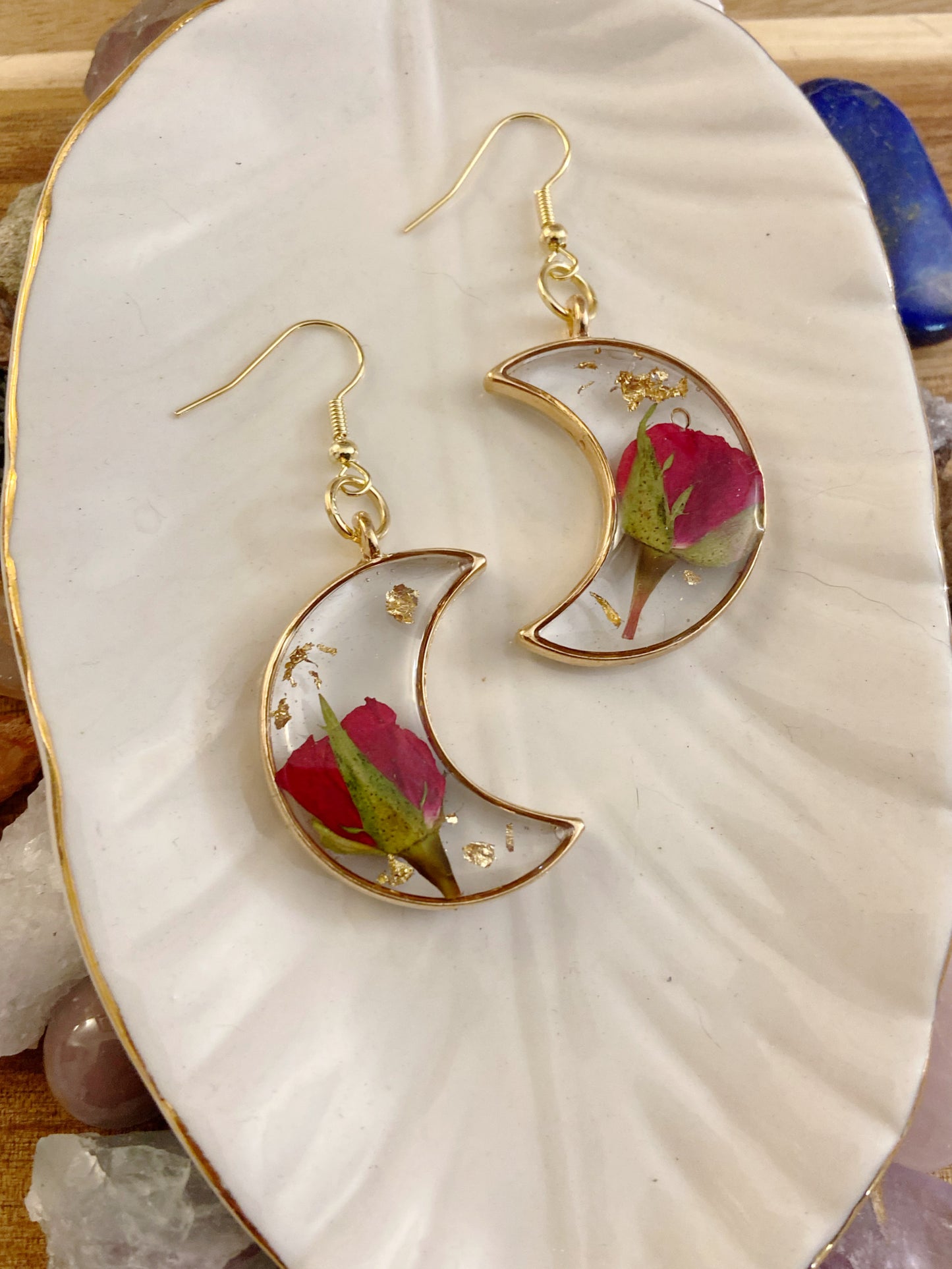 Roses - Red rosebud preserved botanical gold crescent moon earrings