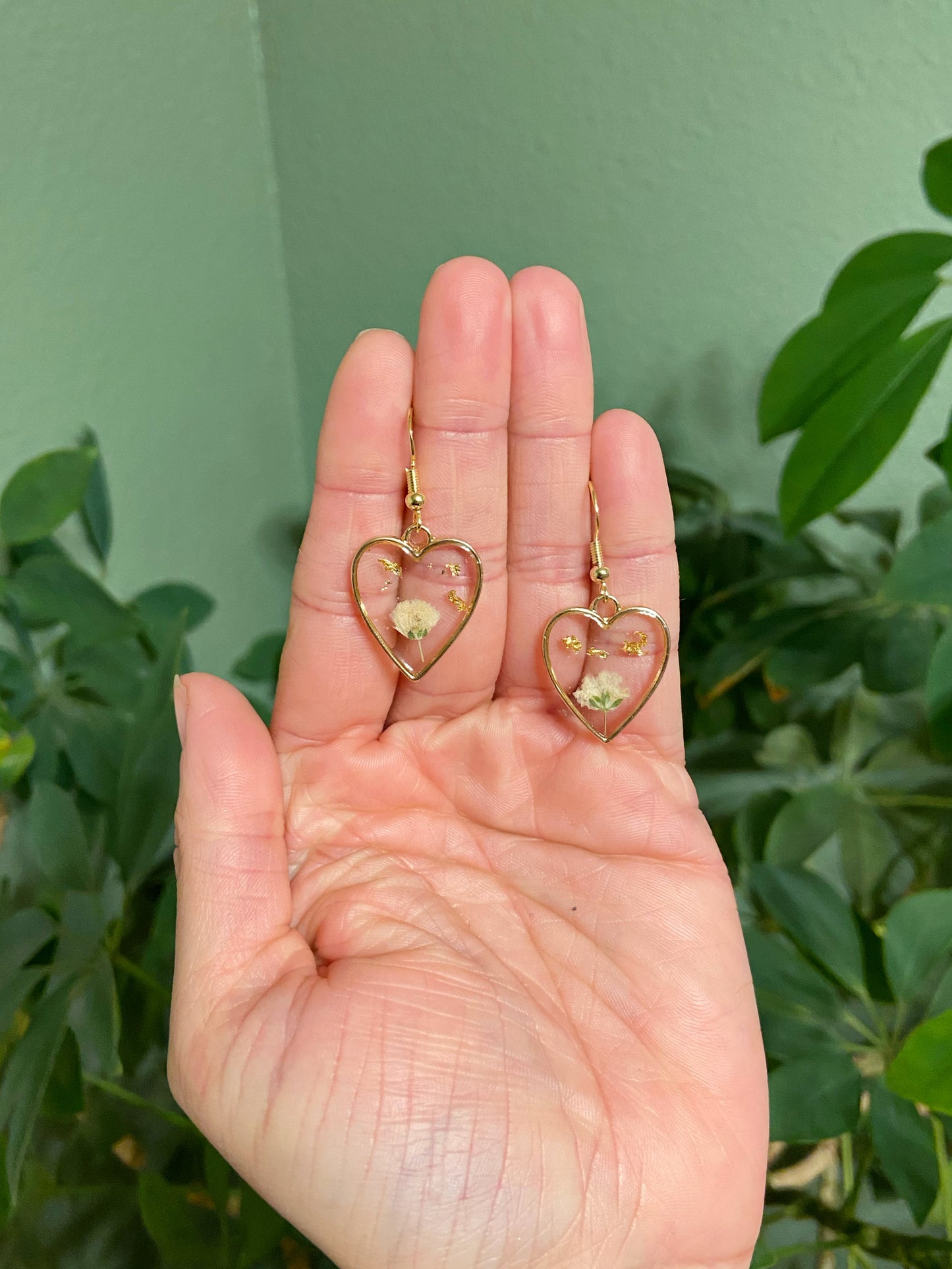 Baby's Breath - Real preserved flowers & gold flake inside gold open heart earrings, botanical plant jewelry