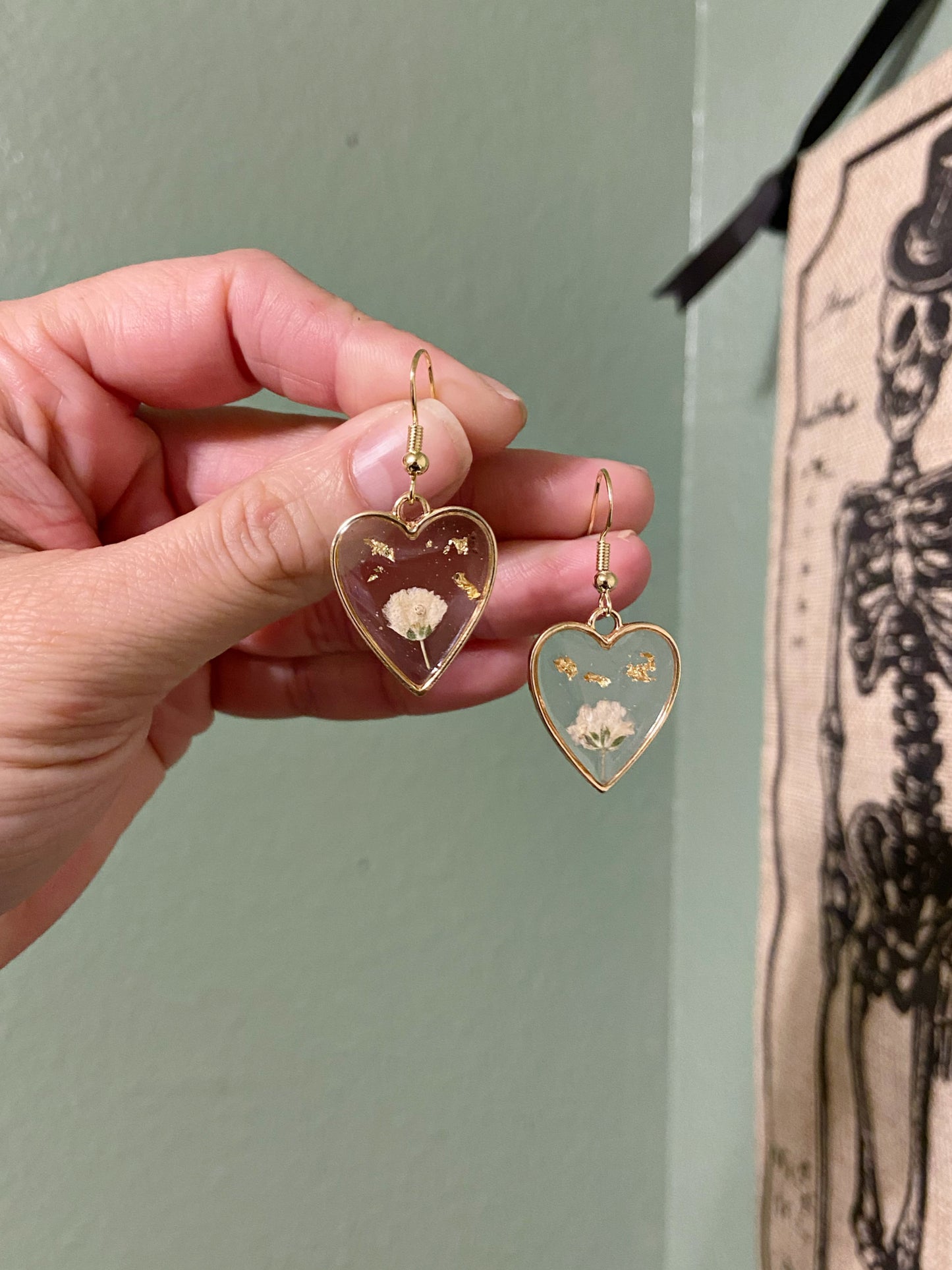 Baby's Breath - Real preserved flowers & gold flake inside gold open heart earrings, botanical plant jewelry