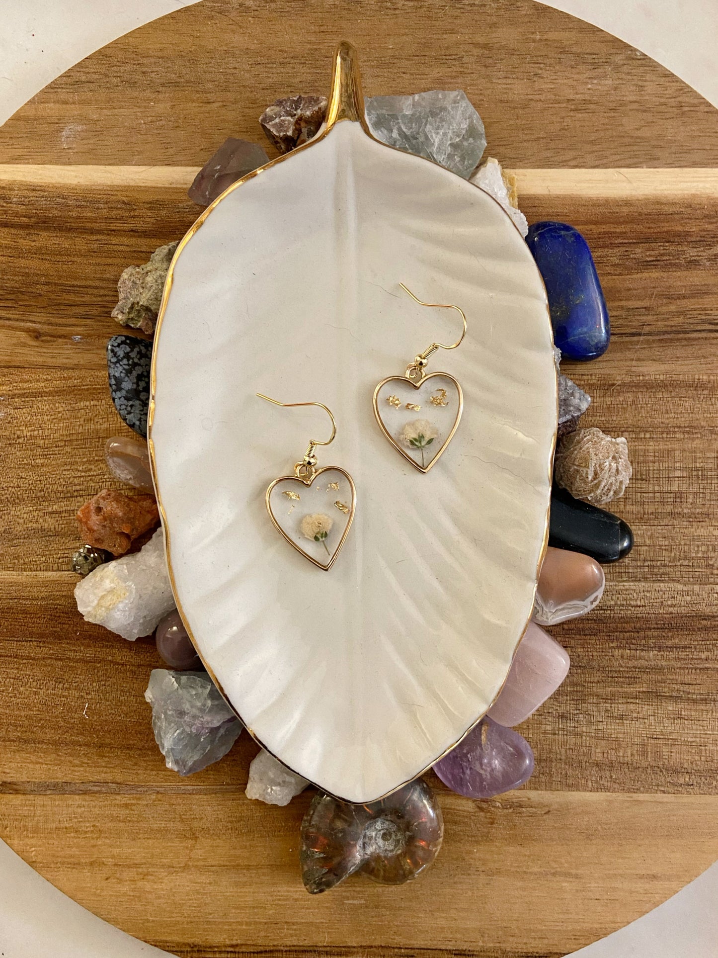 Baby's Breath - Real preserved flowers & gold flake inside gold open heart earrings, botanical plant jewelry