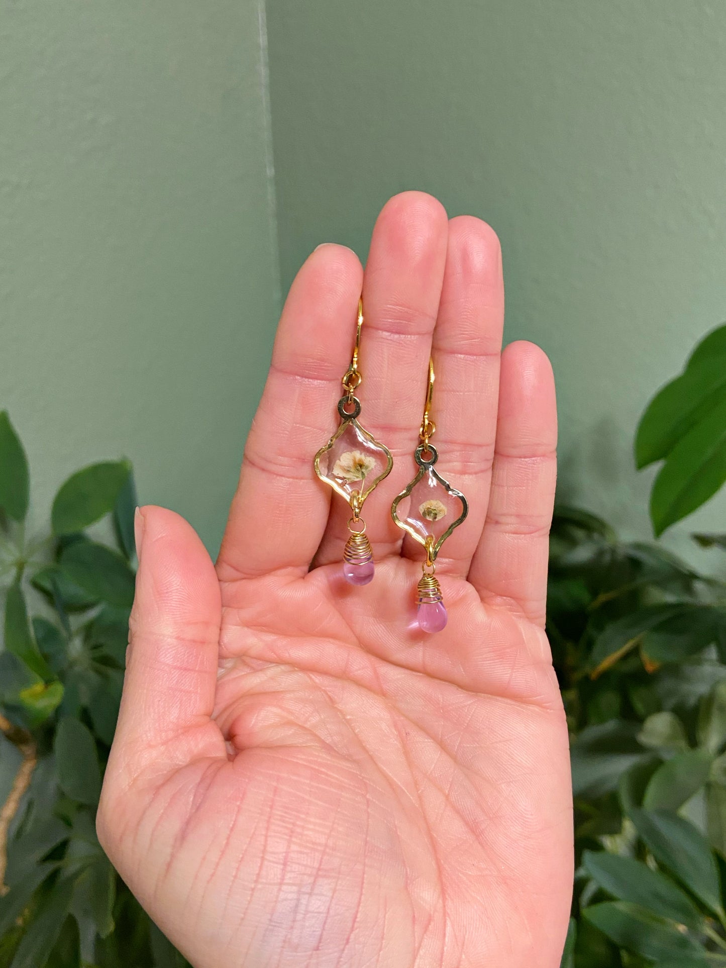 Baby's Breath - Real white pressed flowers inside moroccan tile shaped gold earrings with pale lavender teardrop glass beads