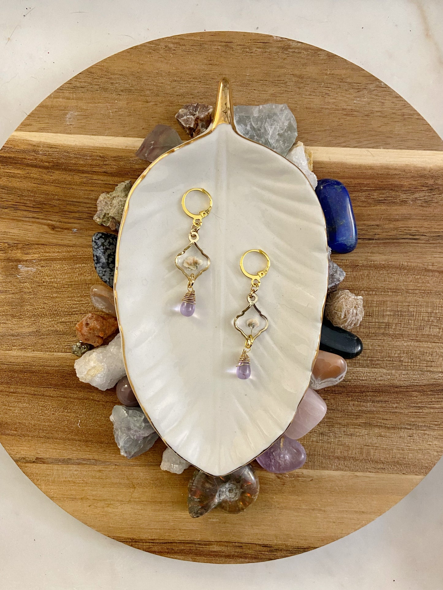 Baby's Breath - Real white pressed flowers inside moroccan tile shaped gold earrings with pale lavender teardrop glass beads
