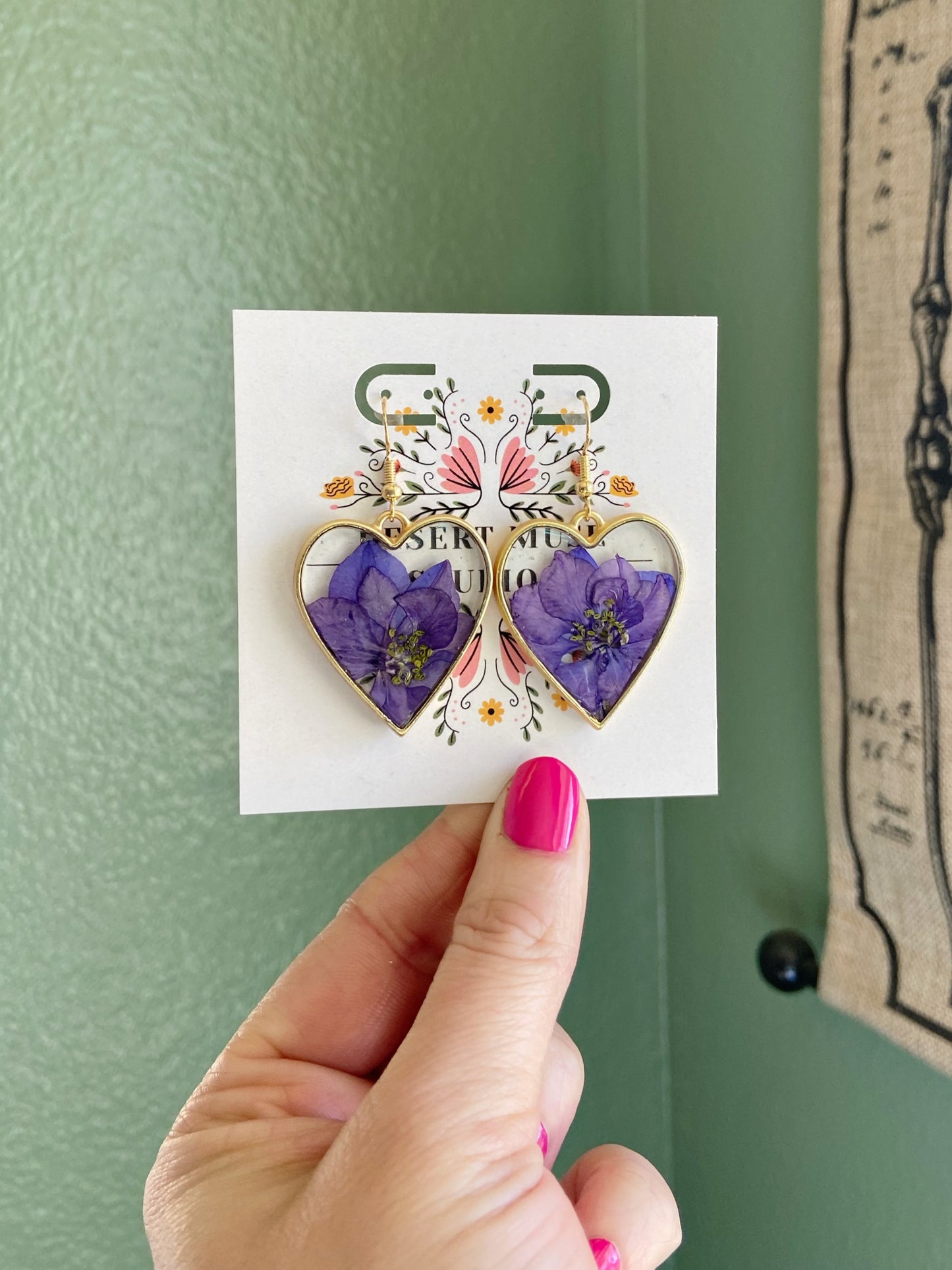 Larkspur- Purple pressed flowers and gold flake inside open gold heart earrings, preserved botanical jewelry