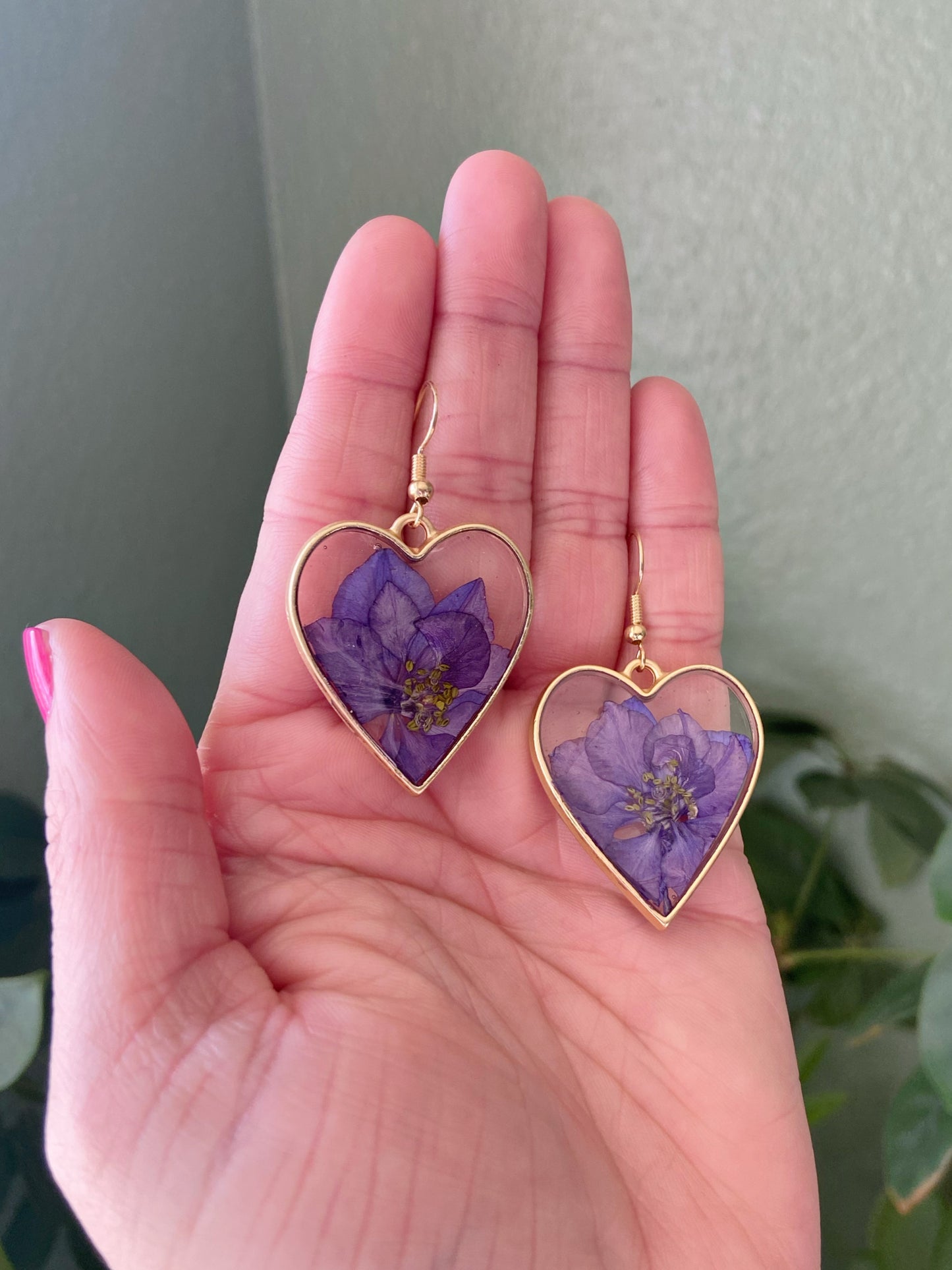 Larkspur- Purple pressed flowers and gold flake inside open gold heart earrings, preserved botanical jewelry