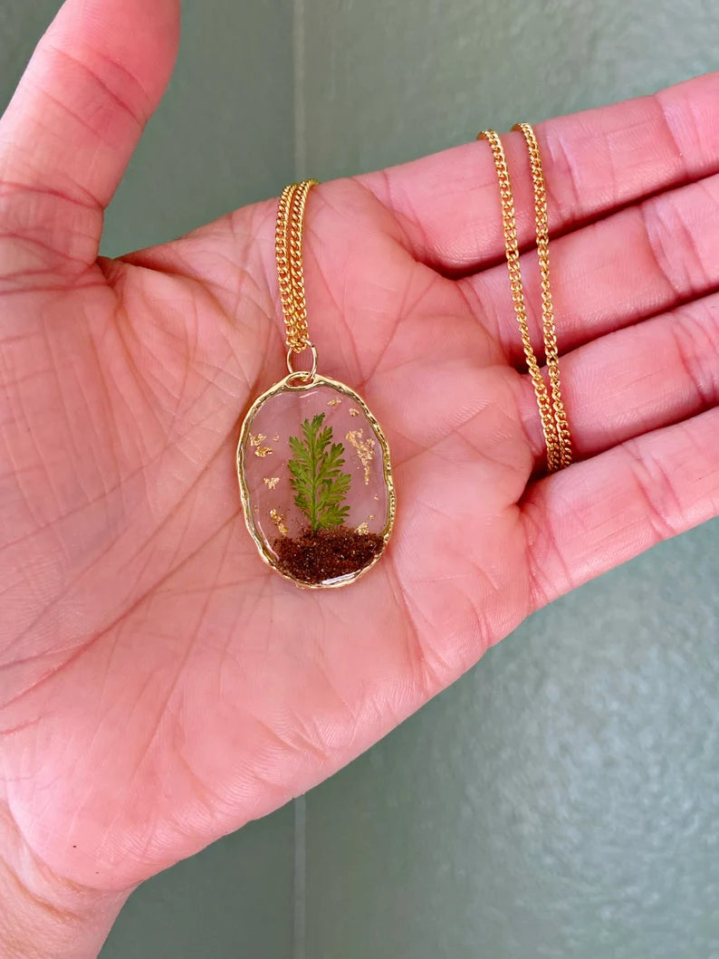 Mini Terrariums- Gold oval pendant with real soil, pressed leaves and gold flake, botanical jewelry, 17" gold plated chain included