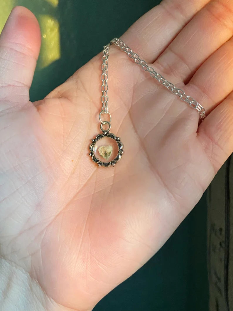 Baby's Breath- Tiny white pressed flowers in silver open flower-shaped pendant, 16" sterling silver plated chain included