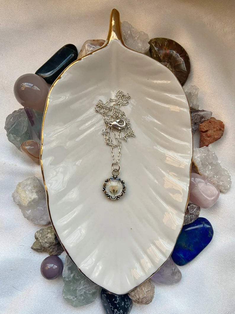 Baby's Breath- Tiny white pressed flowers in silver open flower-shaped pendant, 16" sterling silver plated chain included