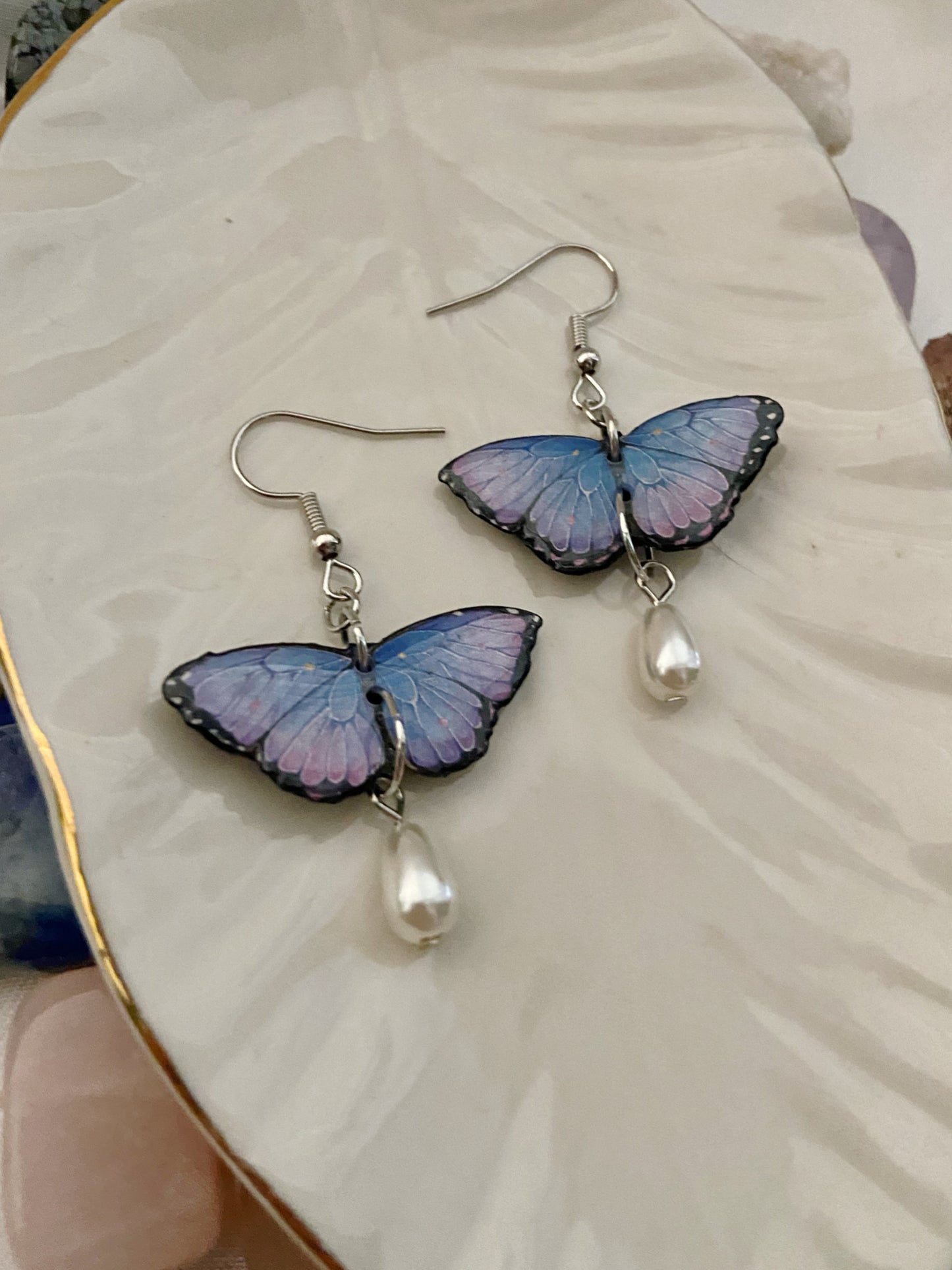 Mini Butterflies- Upcycled purple paper butterflies with pearl drop dangle bead