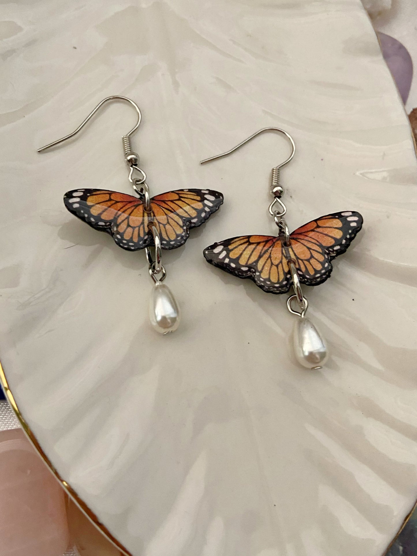 Mini Butterflies- Upcycled paper Monarch earrings with small teardrop pearl dangle
