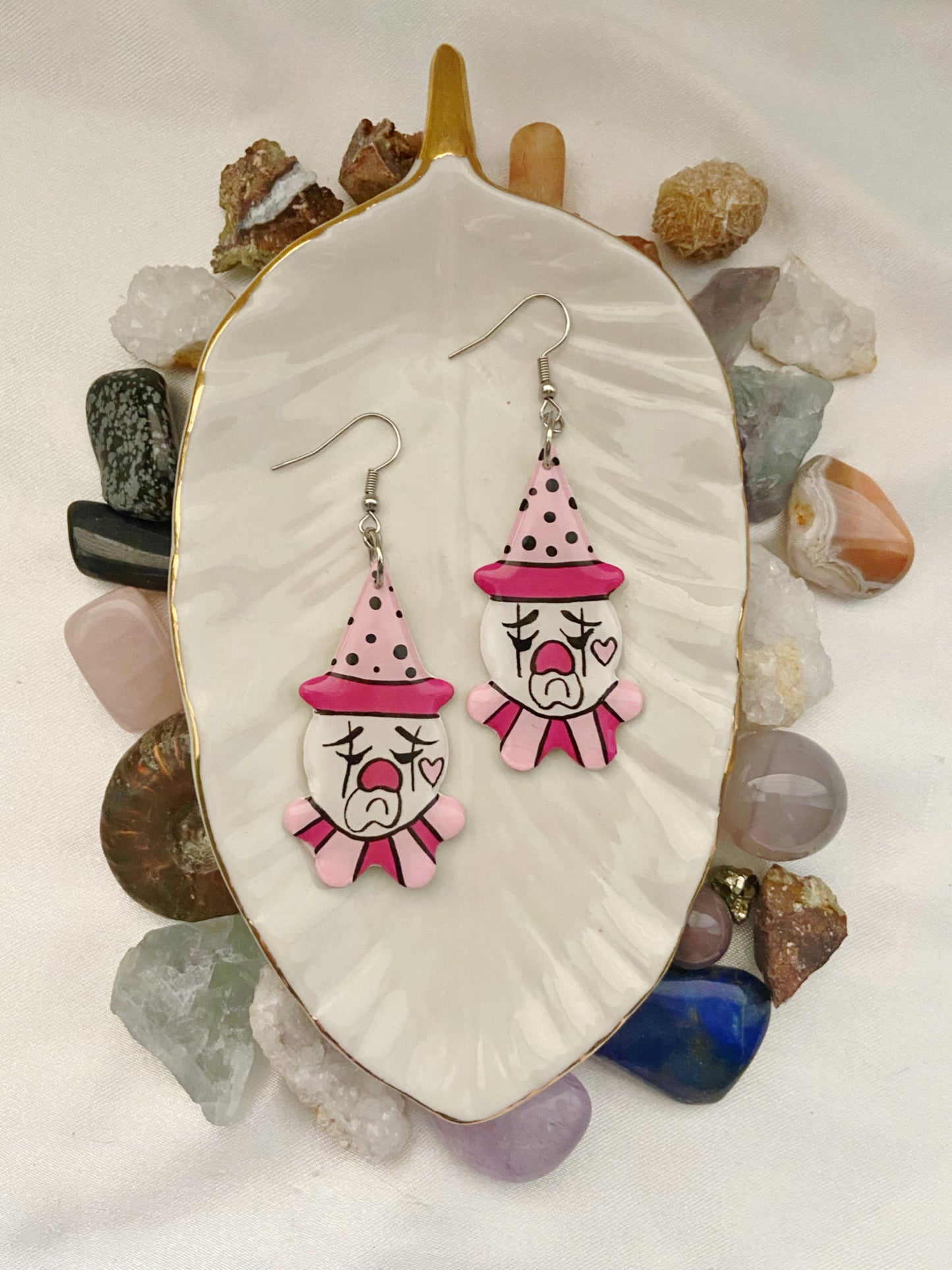 Tattoo Earrings- PINK traditional sad clown hand painted polymer clay earrings