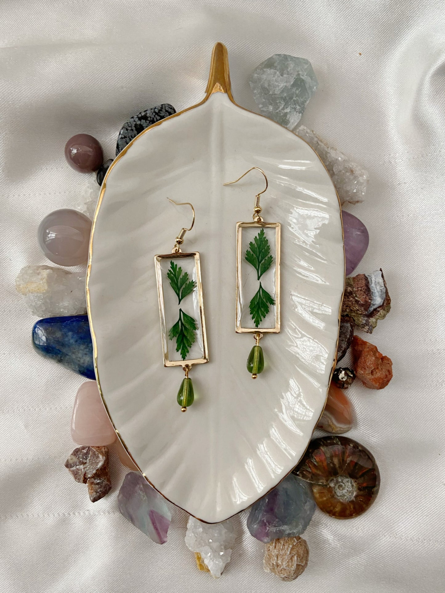 Greenery- Real pressed leaves symmetrically preserved inside long open gold rectangular earrings, olive green glass drop bead