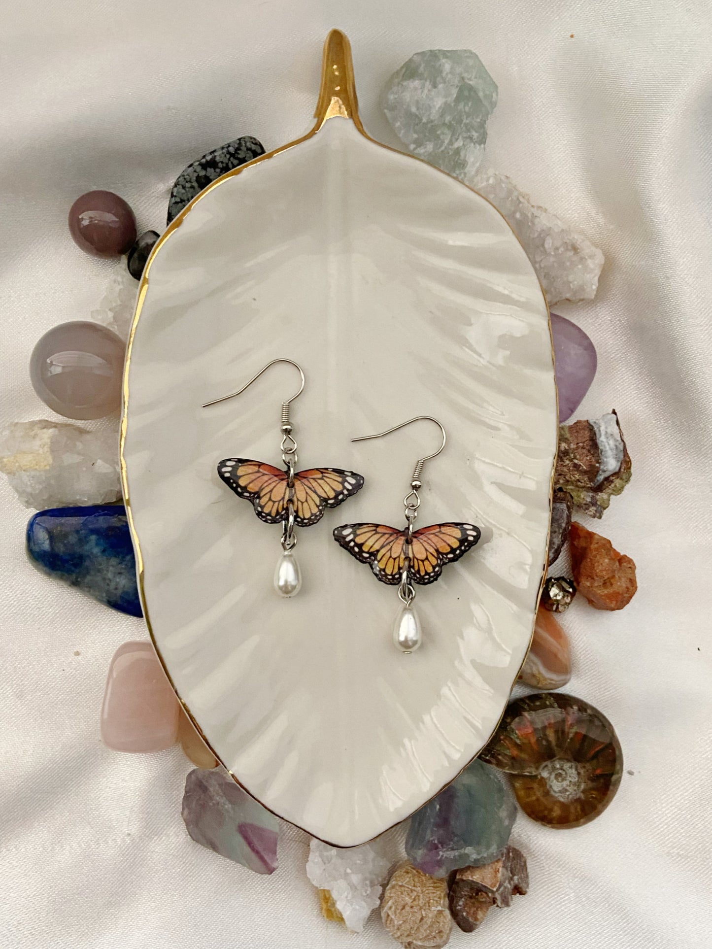 Mini Butterflies- Upcycled paper Monarch earrings with small teardrop pearl dangle