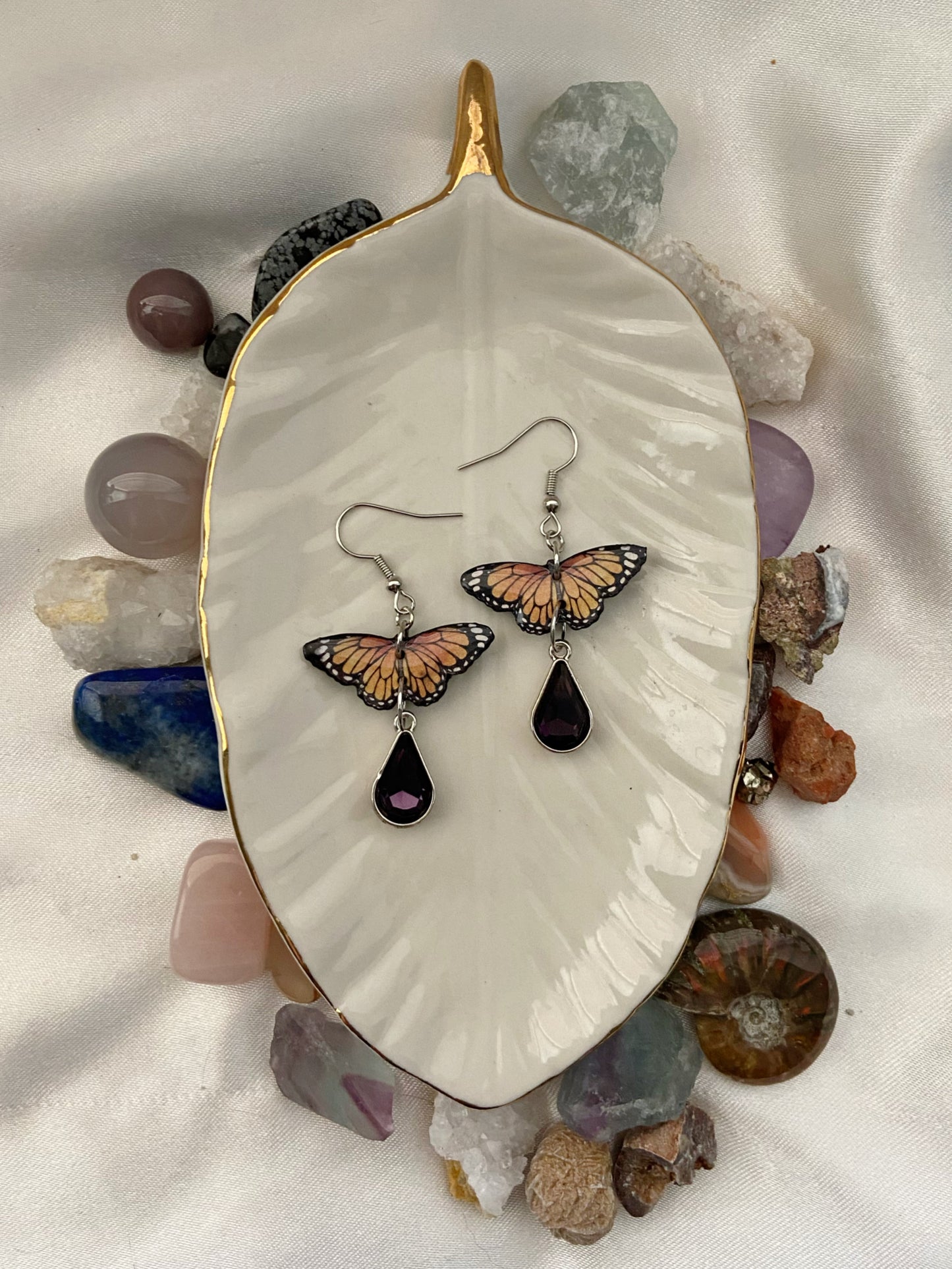 Mini Butterflies- Upcycled paper Monarch earrings with faceted purple glass bead teardrop dangle