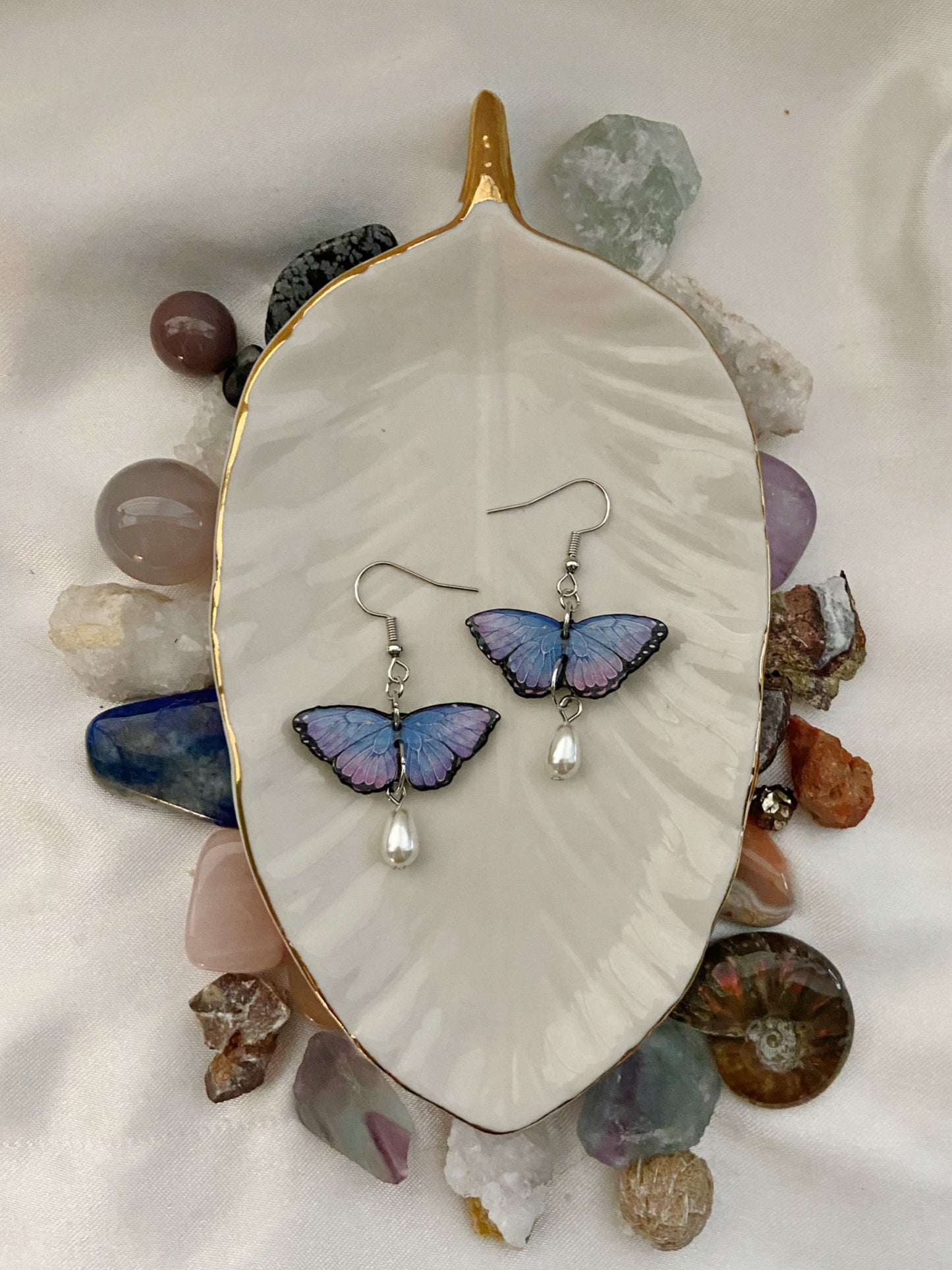 Mini Butterflies- Upcycled purple paper butterflies with pearl drop dangle bead