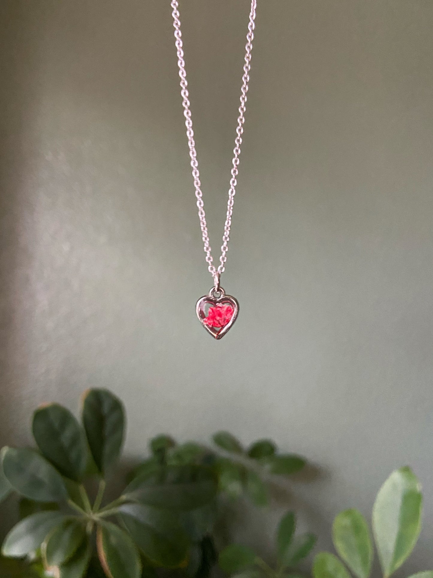 Baby's Breath- Red dyed tiny flowers in super dainty silver open heart pendant, 16" sterling silver plated chain included