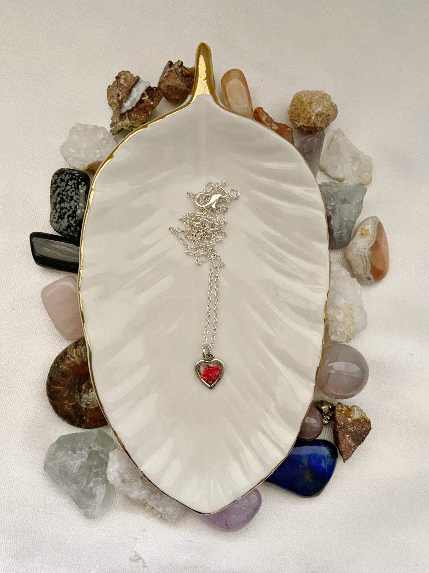 Baby's Breath- Red dyed tiny flowers in super dainty silver open heart pendant, 16" sterling silver plated chain included