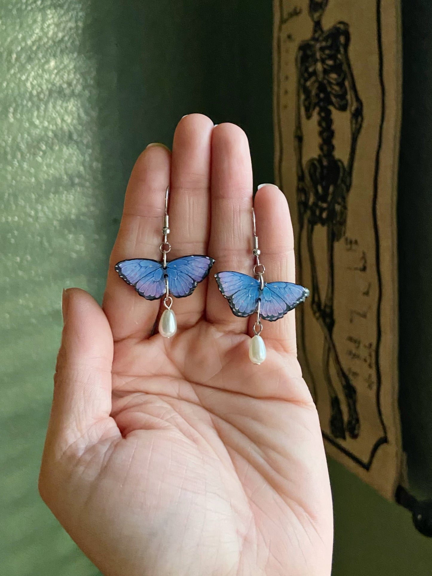 Mini Butterflies- Upcycled purple paper butterflies with pearl drop dangle bead