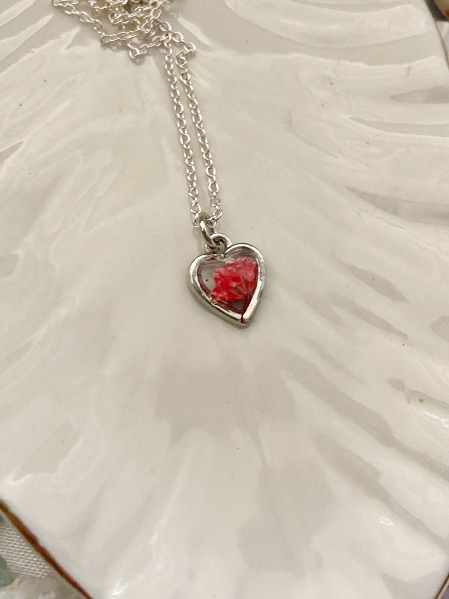 Baby's Breath- Red dyed tiny flowers in super dainty silver open heart pendant, 16" sterling silver plated chain included