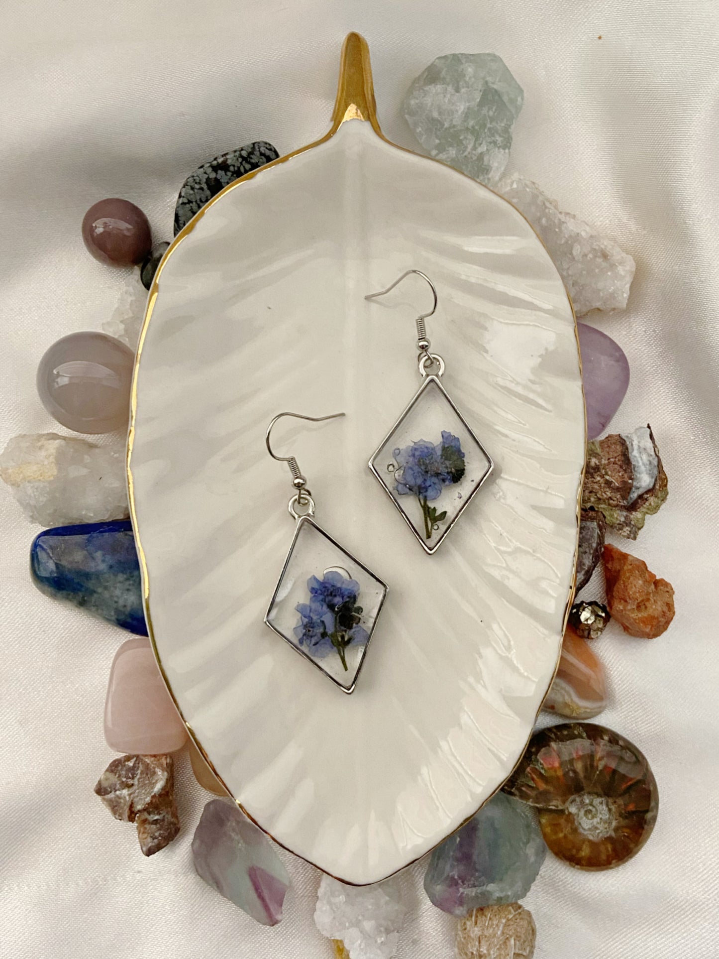 Forget Me Nots- Real blue flower clusters inside open silver diamond-shaped earrings