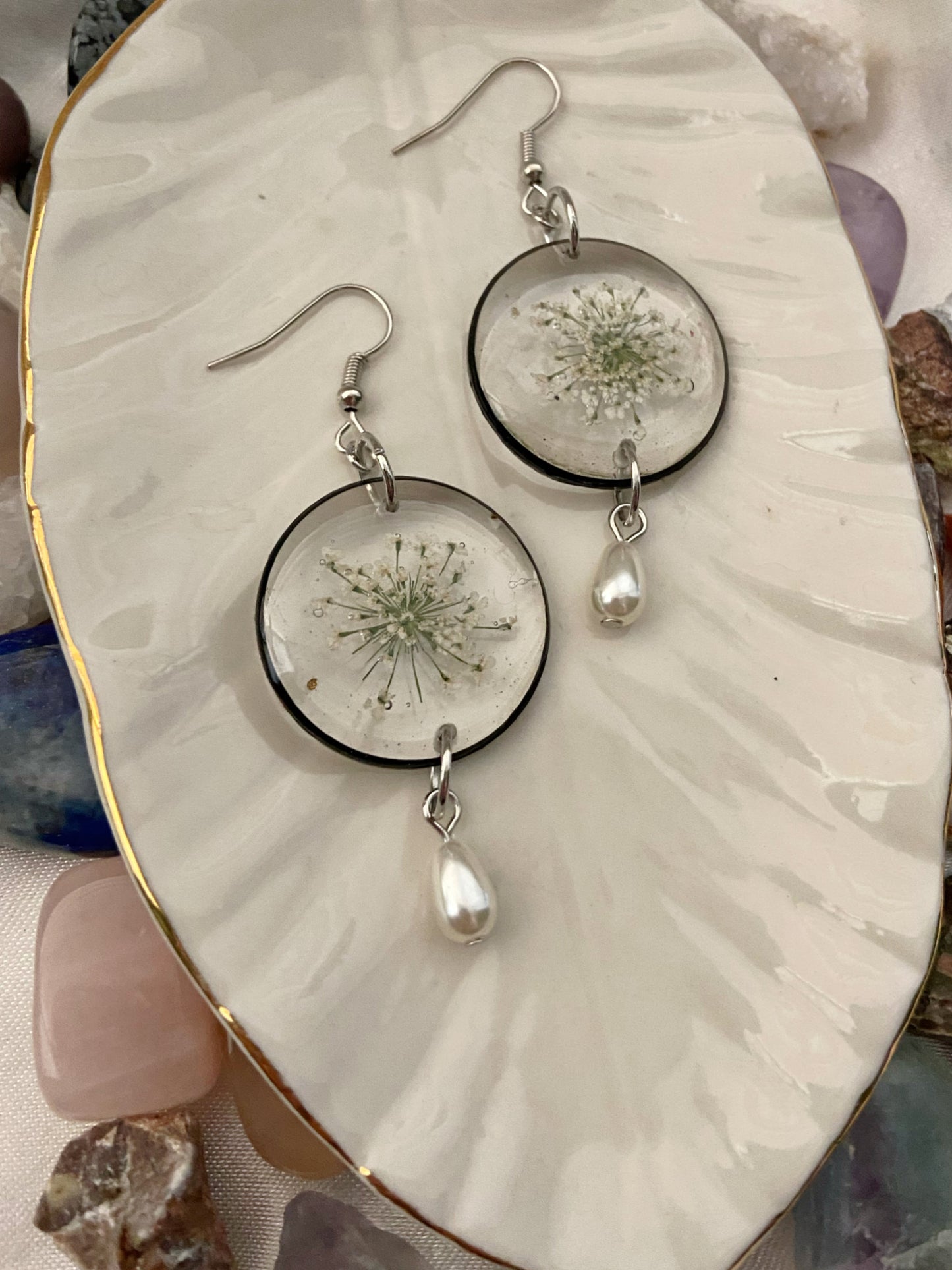 Queen Anne's Lace- Pressed white flowers inside black open circle earrings with a faux pearl drop bead