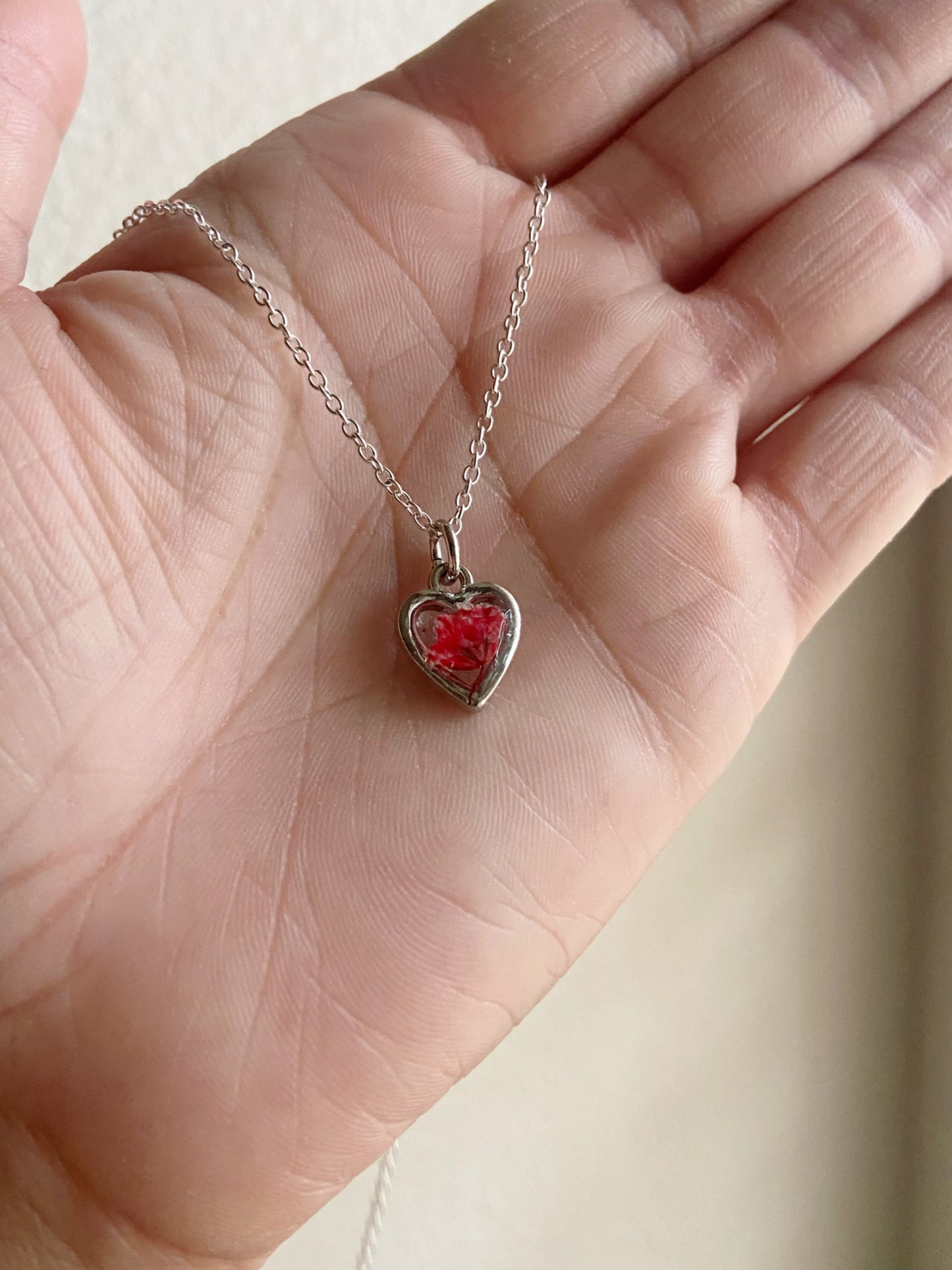 Baby's Breath- Red dyed tiny flowers in super dainty silver open heart pendant, 16" sterling silver plated chain included
