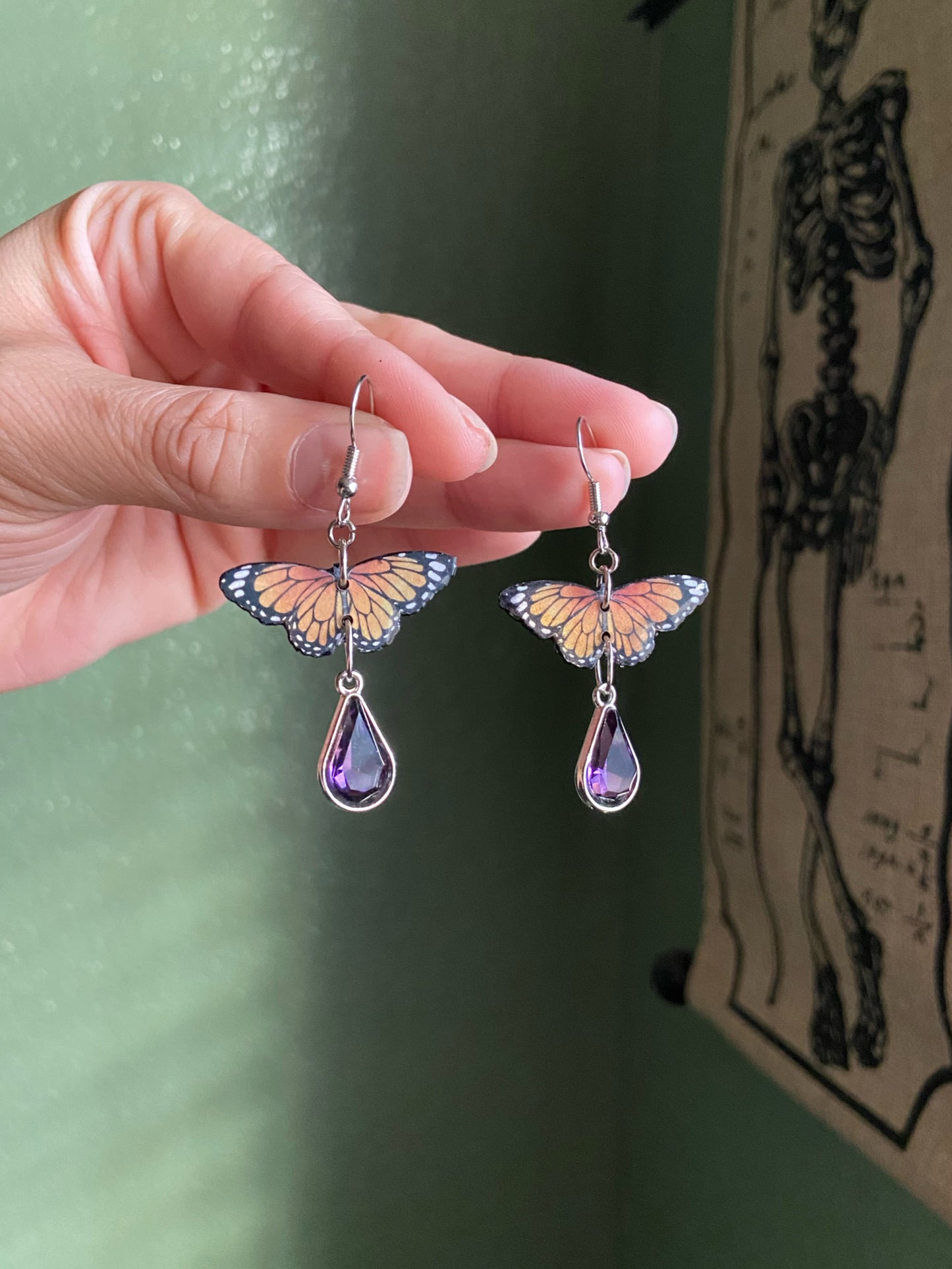 Mini Butterflies- Upcycled paper Monarch earrings with faceted purple glass bead teardrop dangle