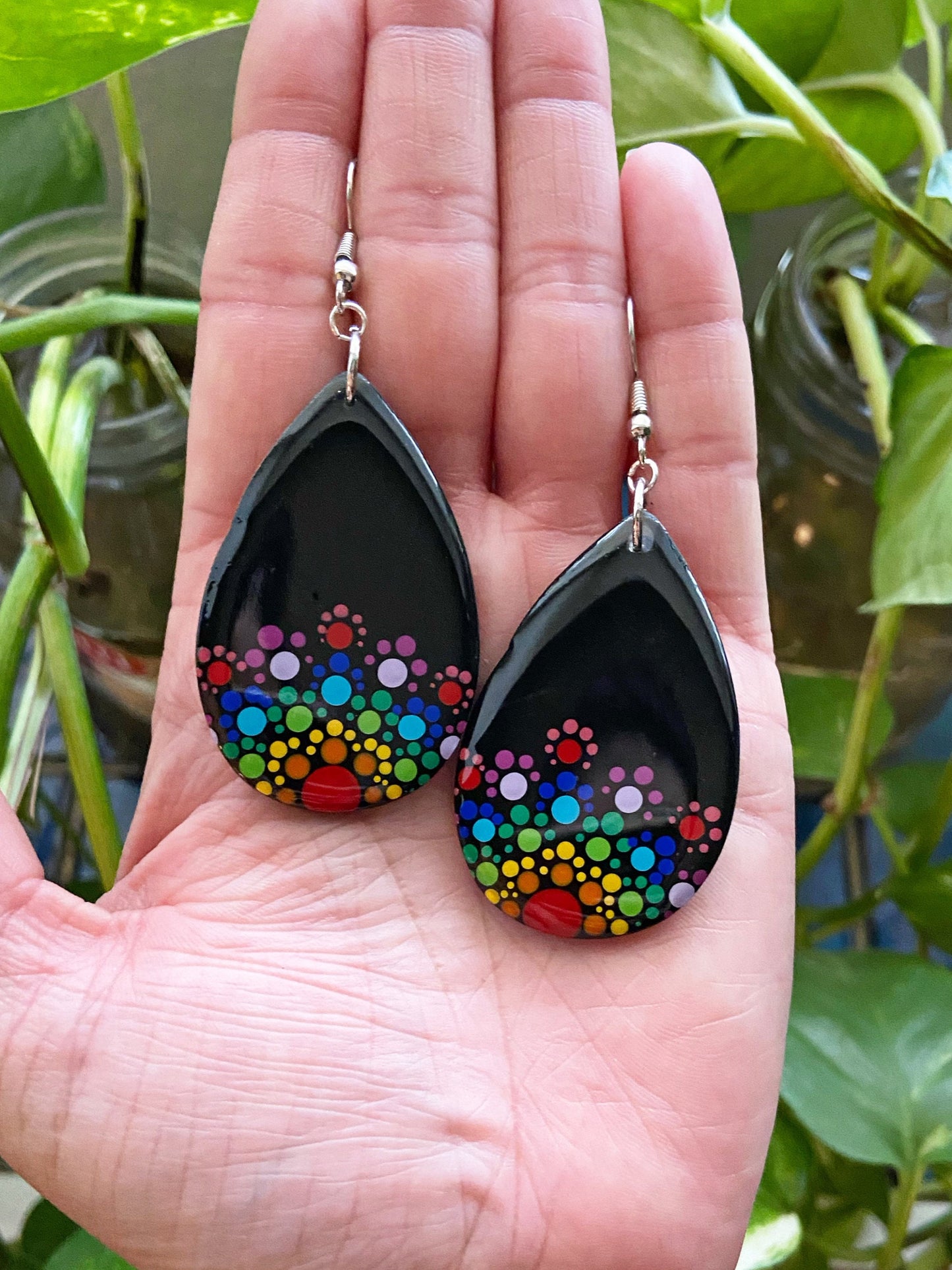 Dot Mandala- Rainbow teardrop earrings, handmade polymer clay hand dotted folk art jewelry