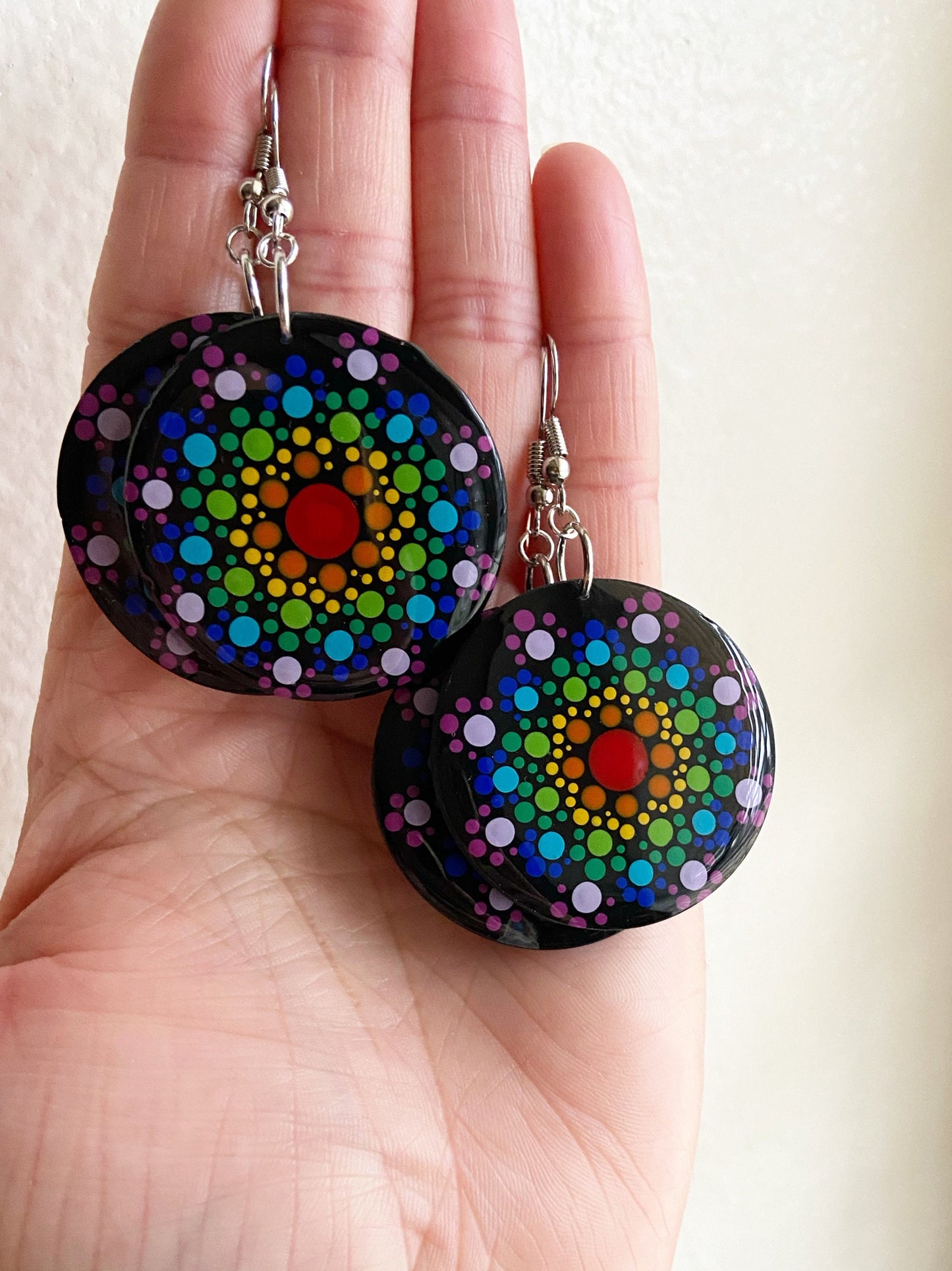 Dot Mandala- Rainbow circle earrings, pride folk art hand painted jewelry
