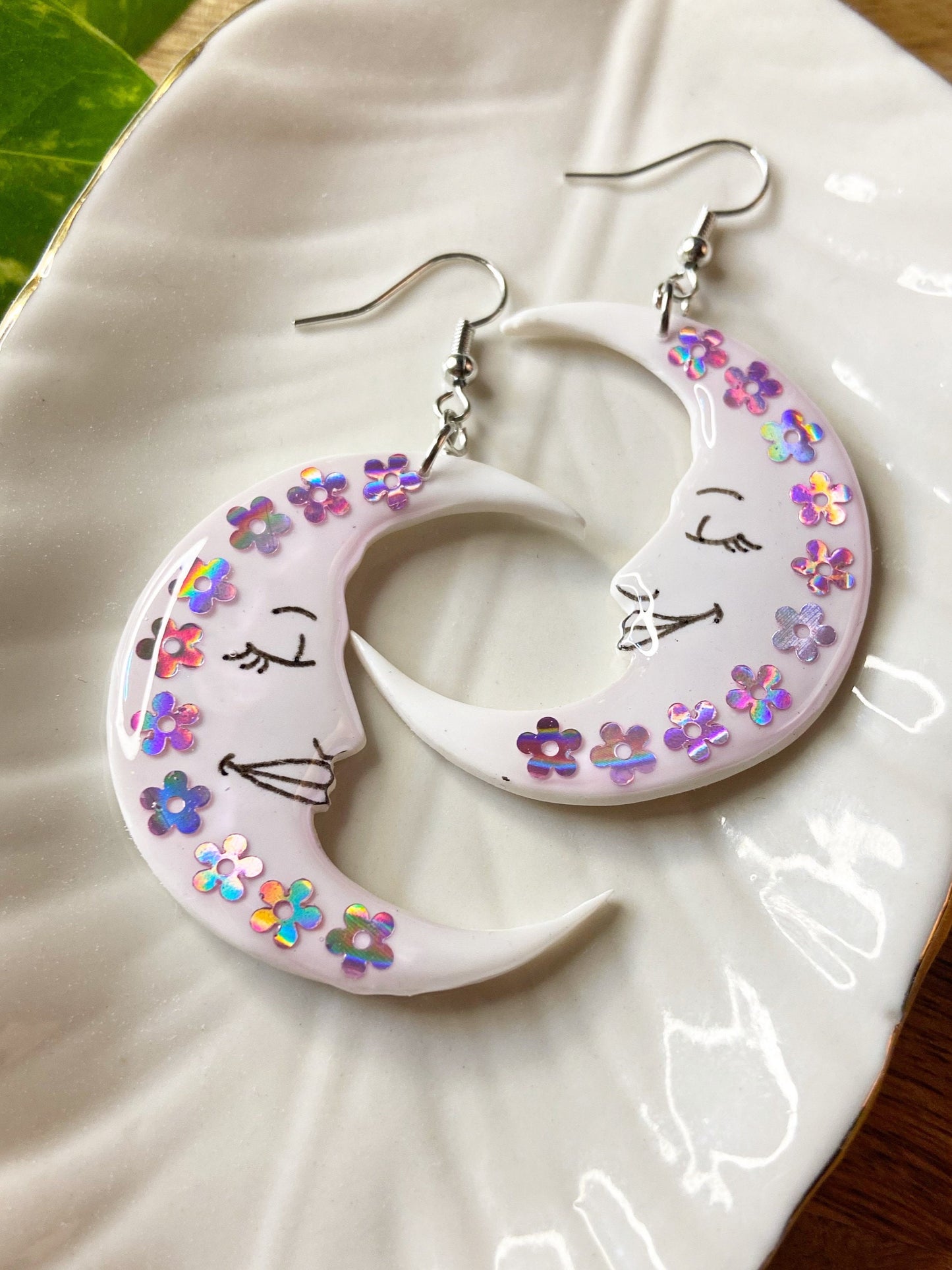 Sleepy Moons- white celestial crescent moon earrings with purple holographic flowers
