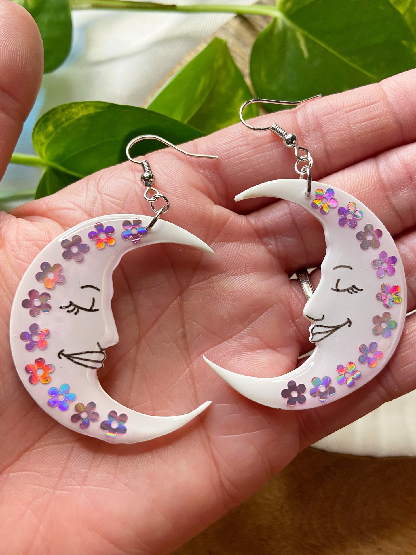 Sleepy Moons- white celestial crescent moon earrings with purple holographic flowers