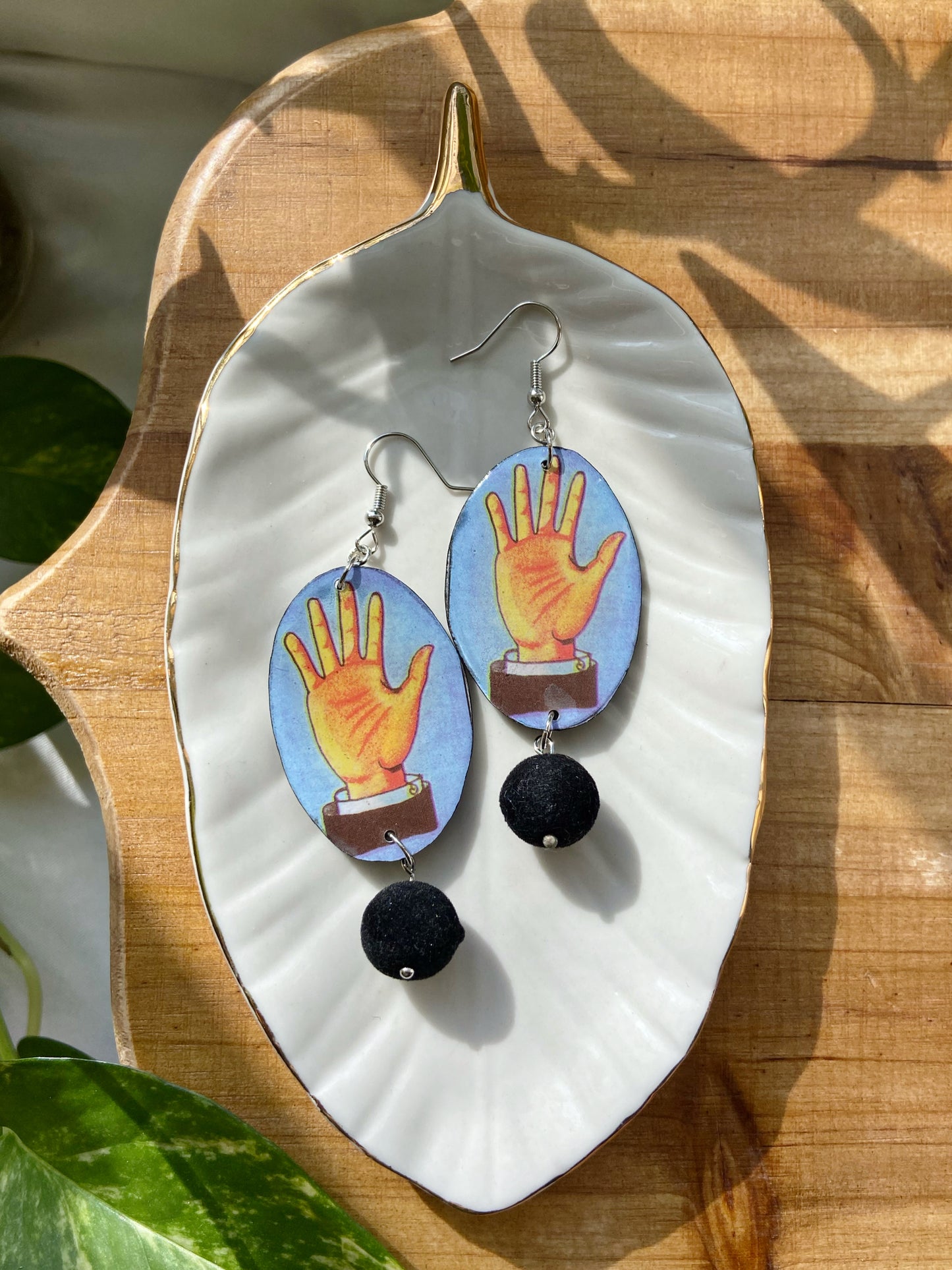 Loteria Cards- Upcycled paper "La Mano" oval earrings with black velvet round bead dangle