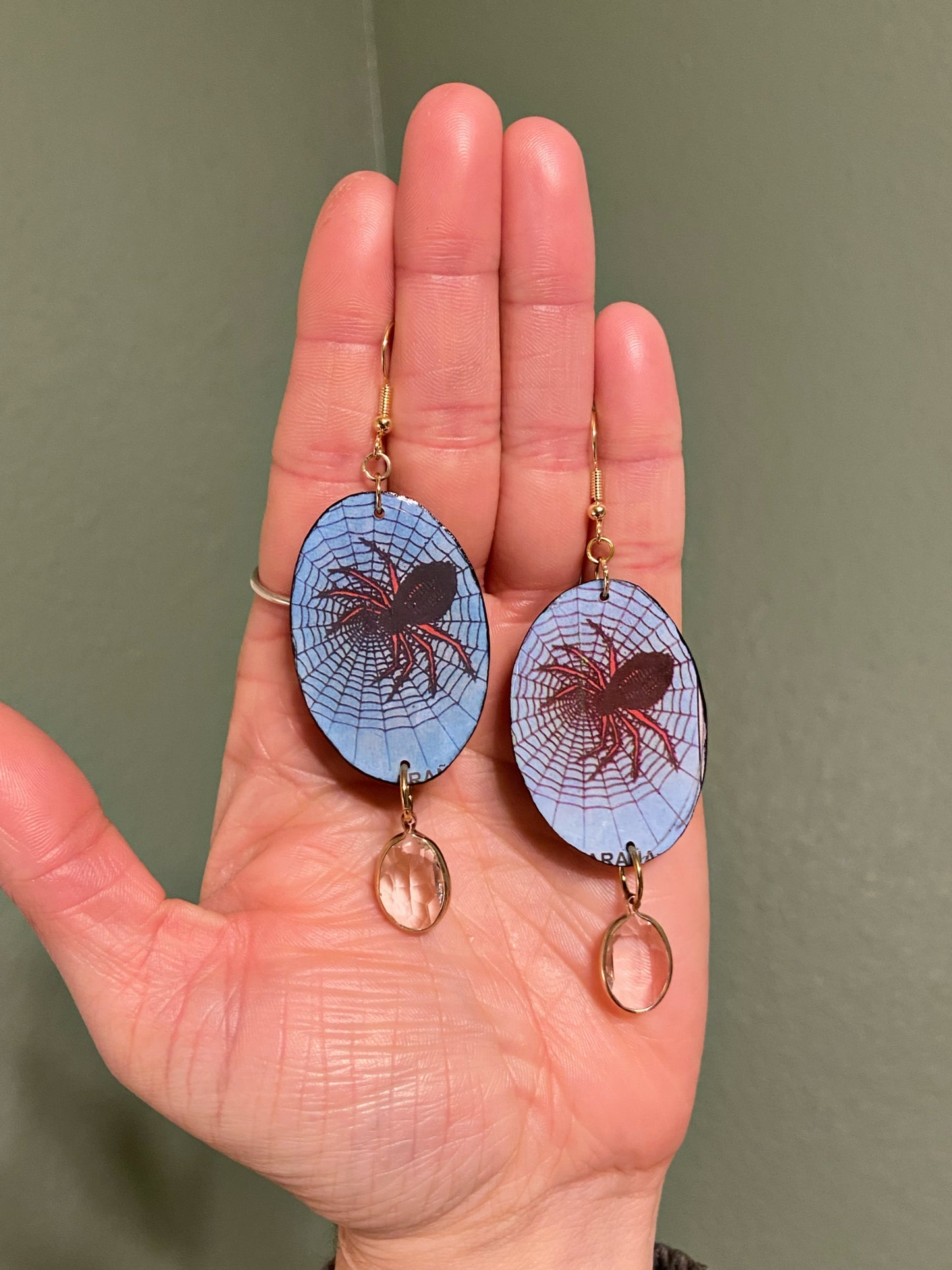 Loteria Cards- Upcycled paper "La Arana" oval statement earrings, spider novelty jewelry