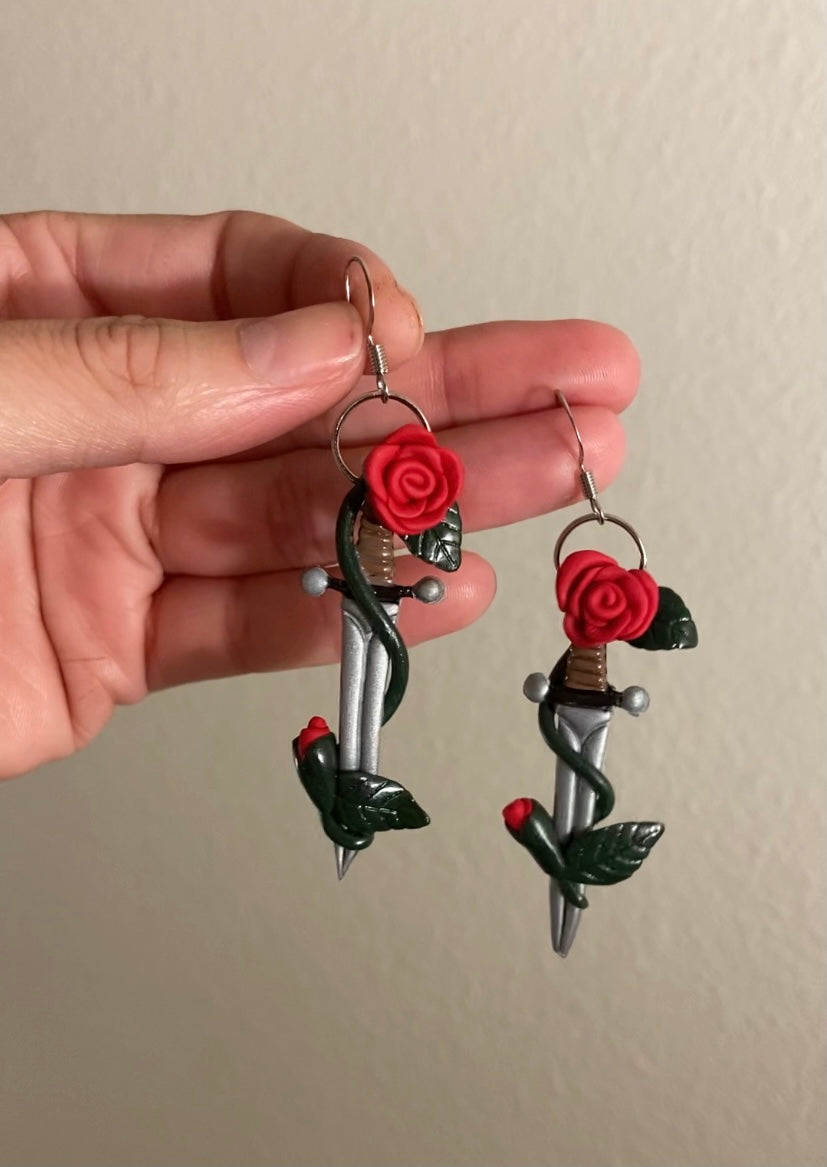 Sculpted Swords- Red rose handmade polymer clay sword earrings, novelty romance jewelry