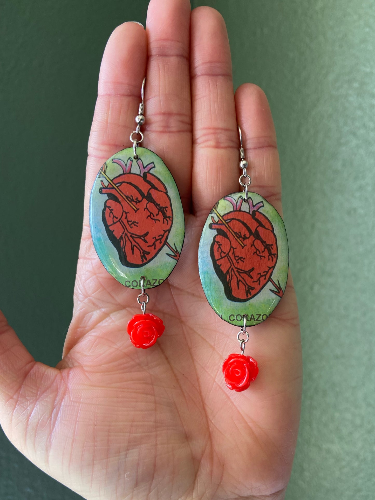Loteria Cards- Upcycled paper "El Corazon" oval statement earrings with red rose dangle