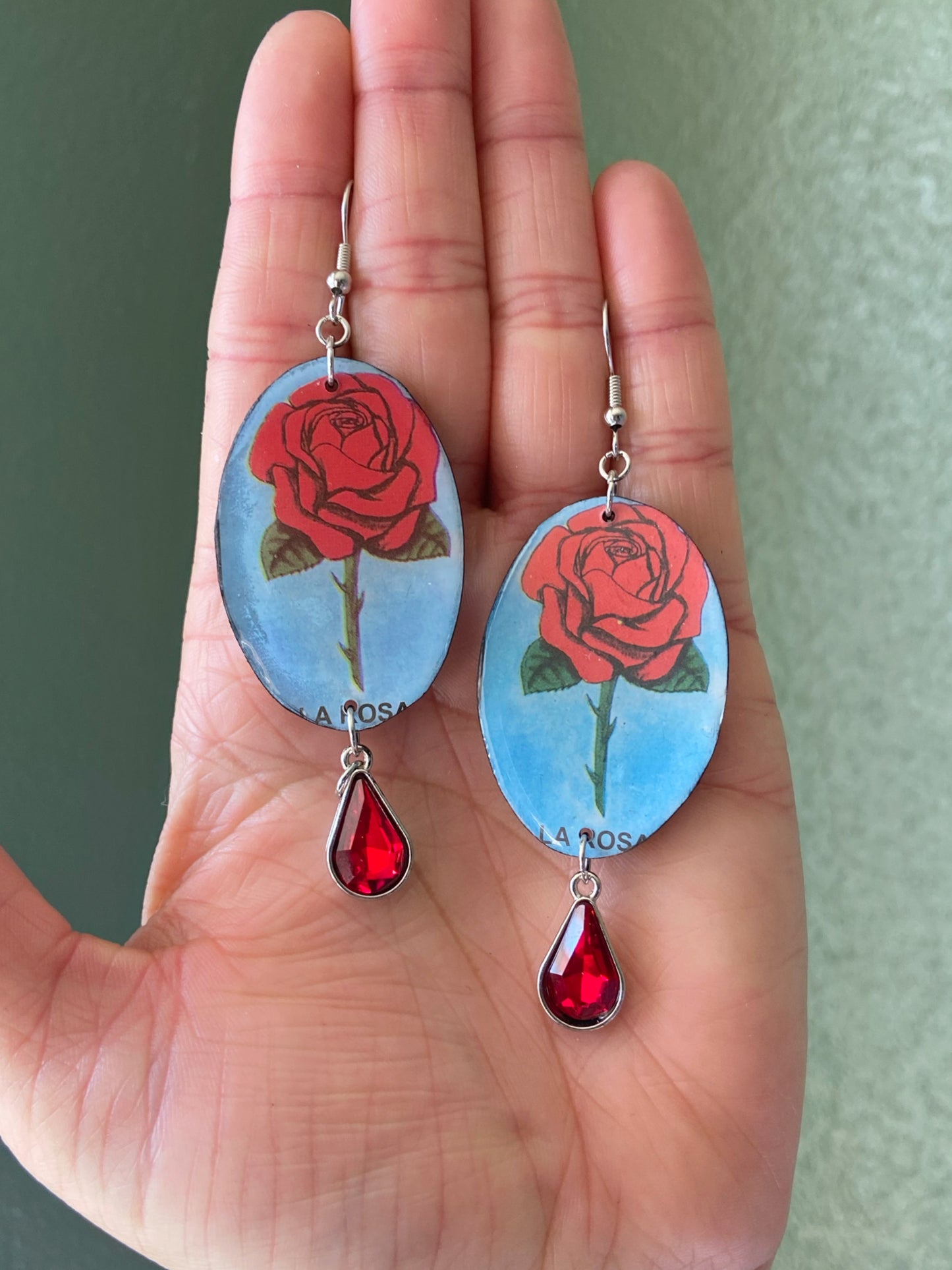 Loteria Cards- Upcycled paper "La Rosa" oval earrings with red faceted glass crystal bead dangle