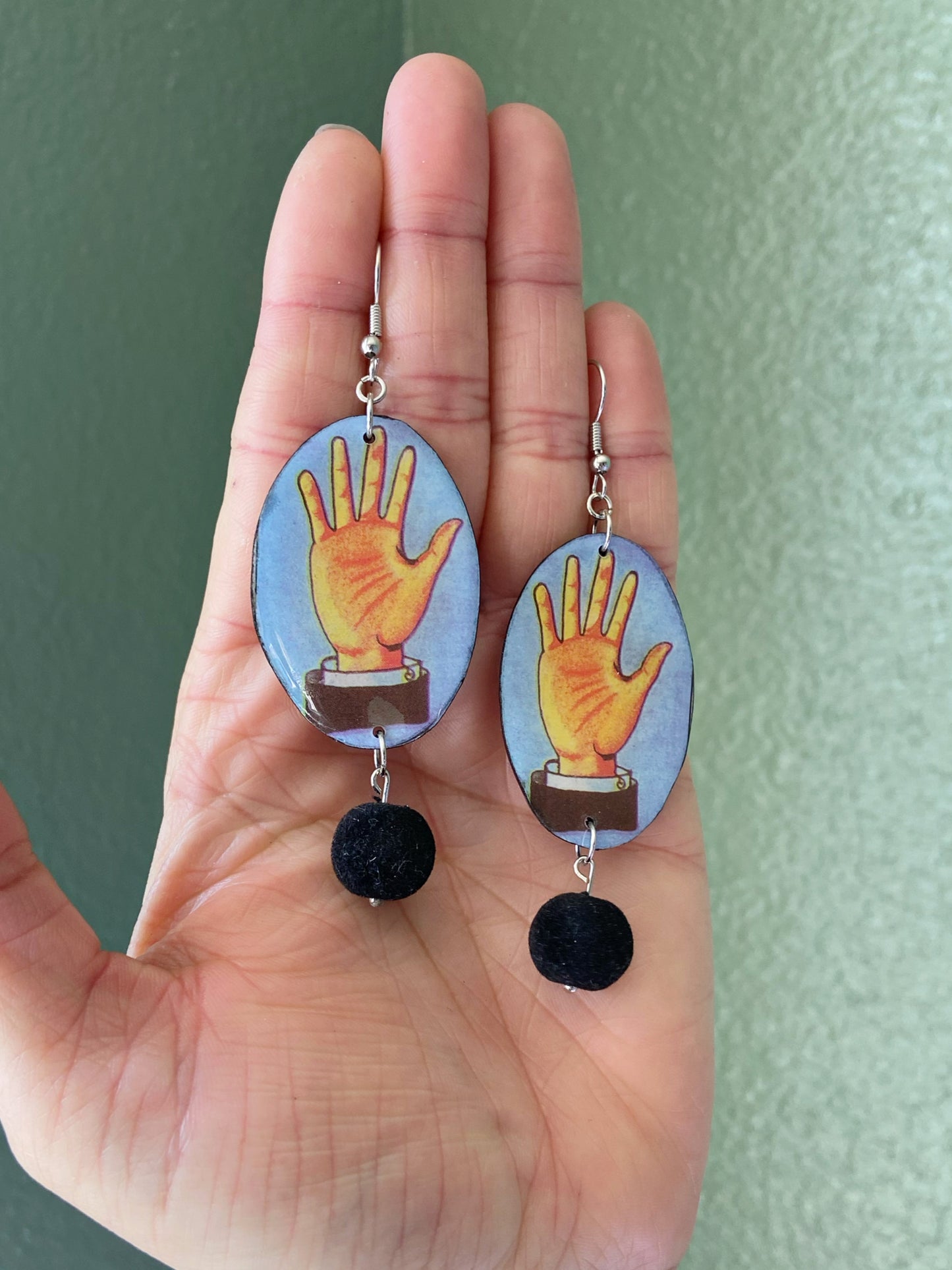 Loteria Cards- Upcycled paper "La Mano" oval earrings with black velvet round bead dangle