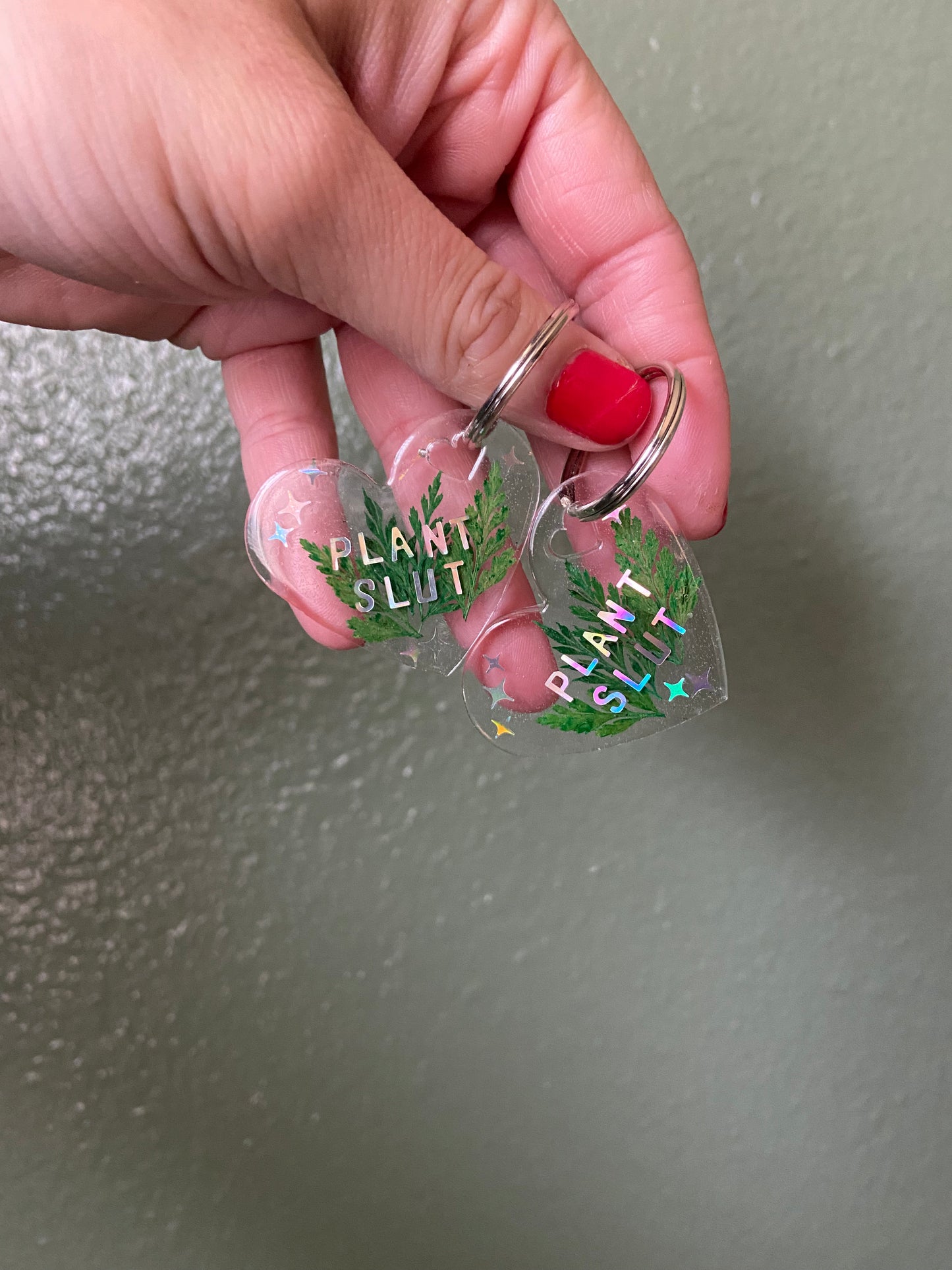 Plant Slut- Holographic letters custom keychain with real pressed leaves, heart shape