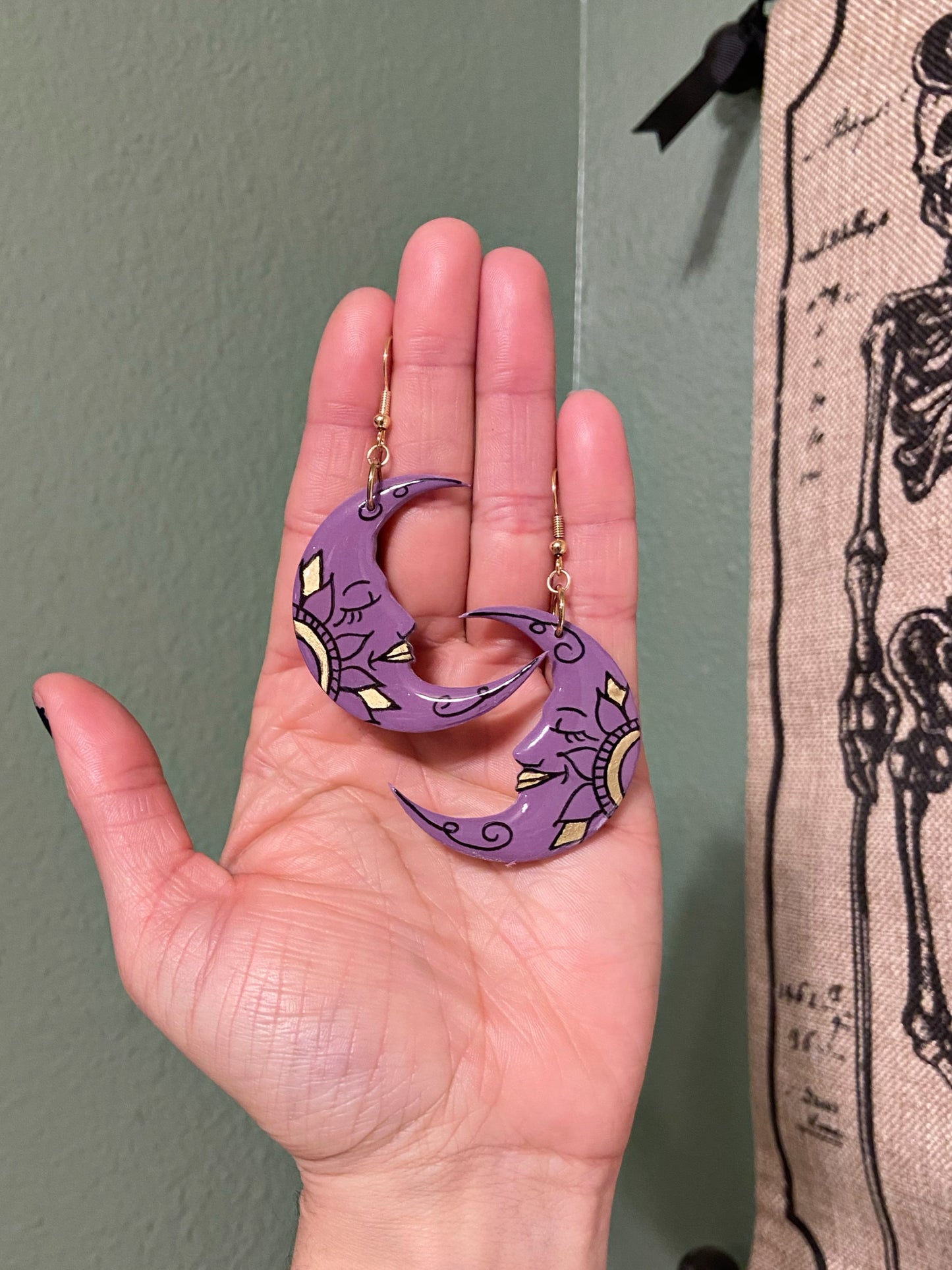 Sleepy Moons- Purple celestial crescent moon earrings with hand-painted gold mandala