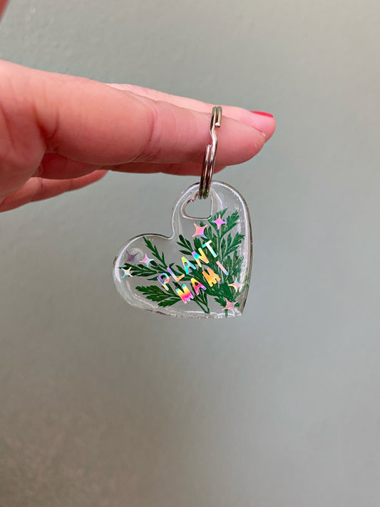 Plant Mami- Holographic letters custom keychain with real pressed leaves, heart shape