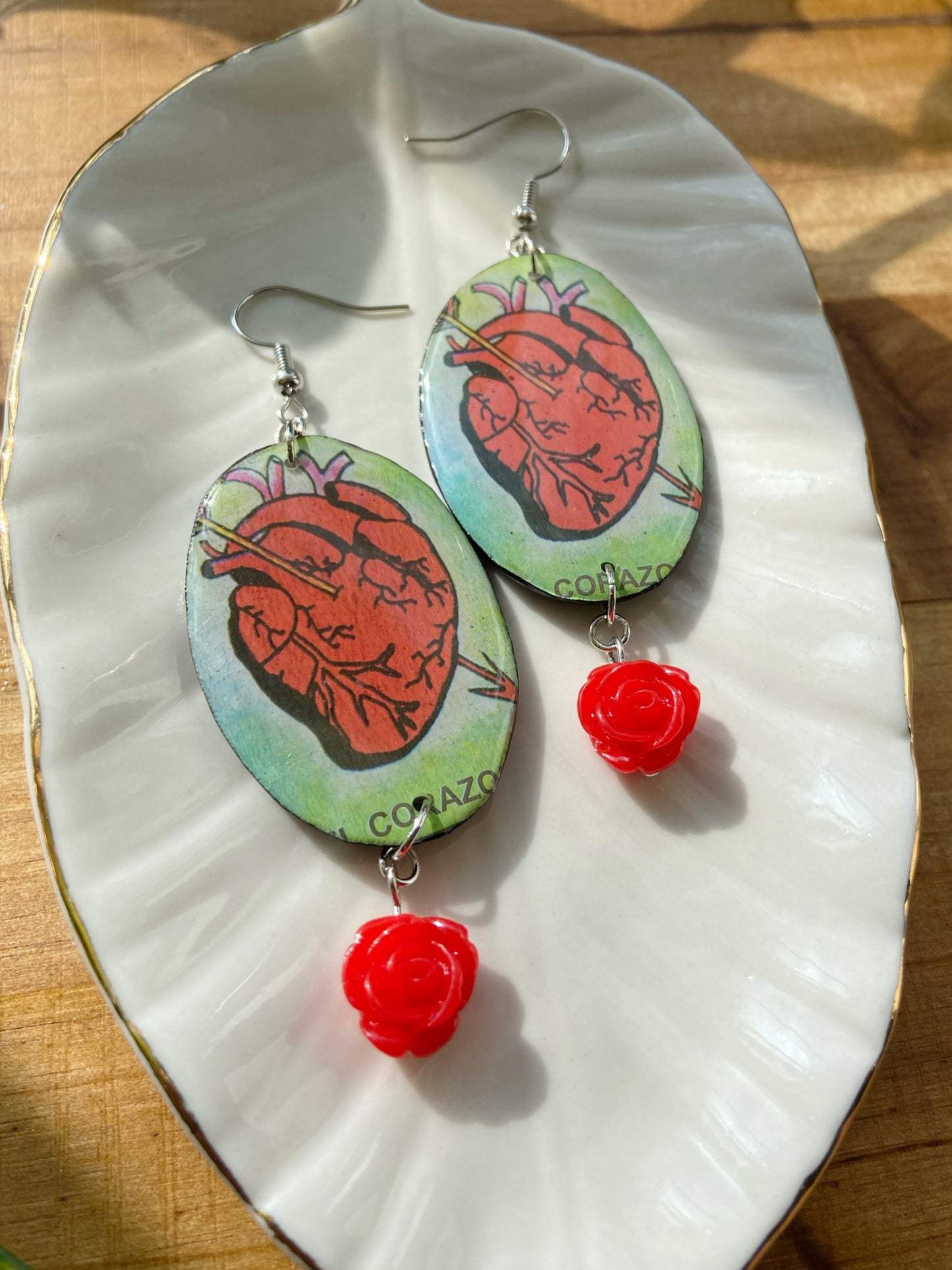Loteria Cards- Upcycled paper "El Corazon" oval statement earrings with red rose dangle